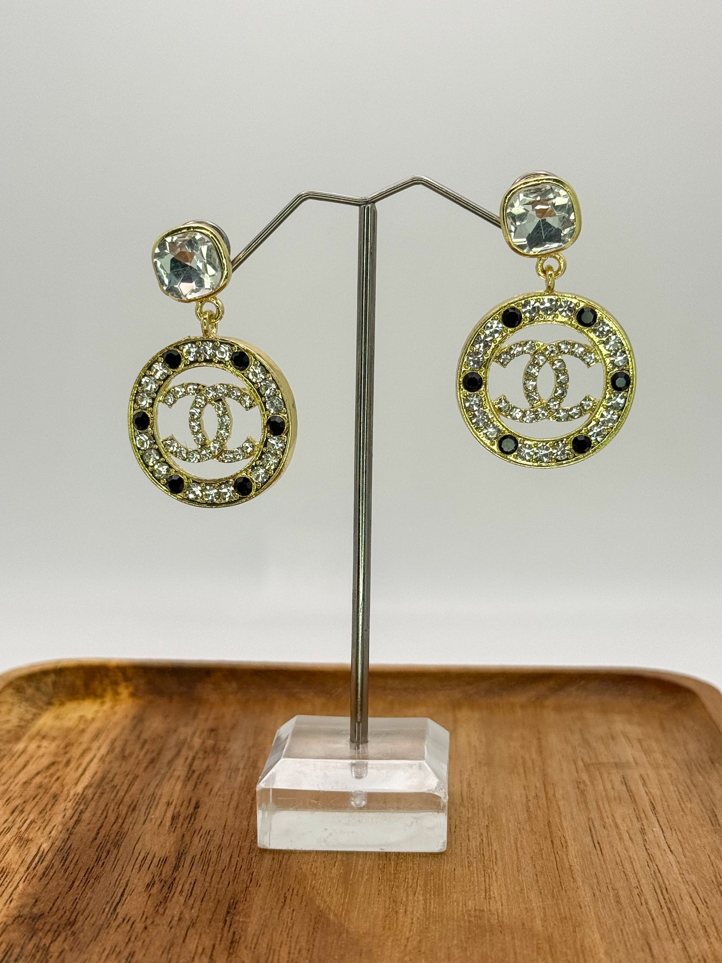Gold Sparkling CC Designer Stud Earrings