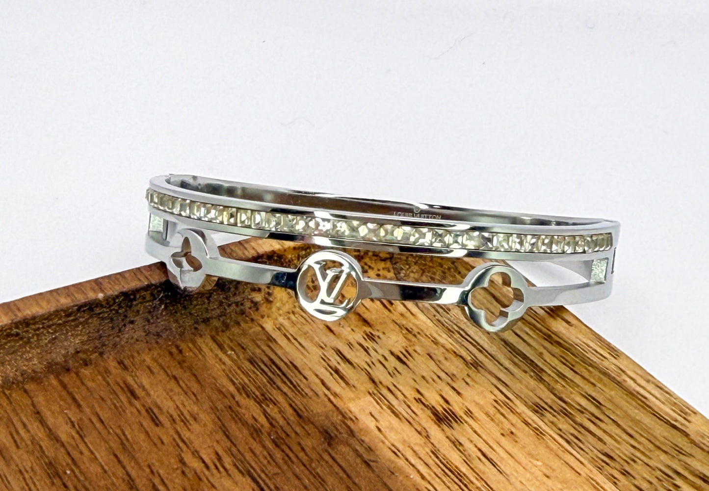 Silver Stainless Steel LV Designer with Rhinestones Bangle Bracelet