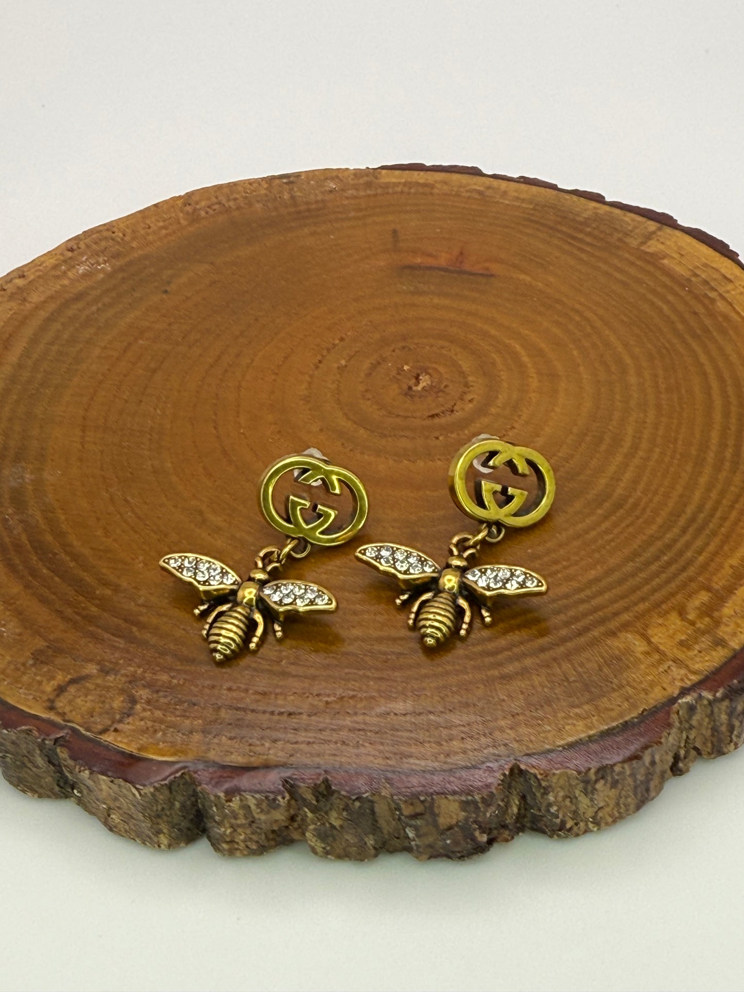 Antique Gold GG Designer Bumble Bee Stud Earrings