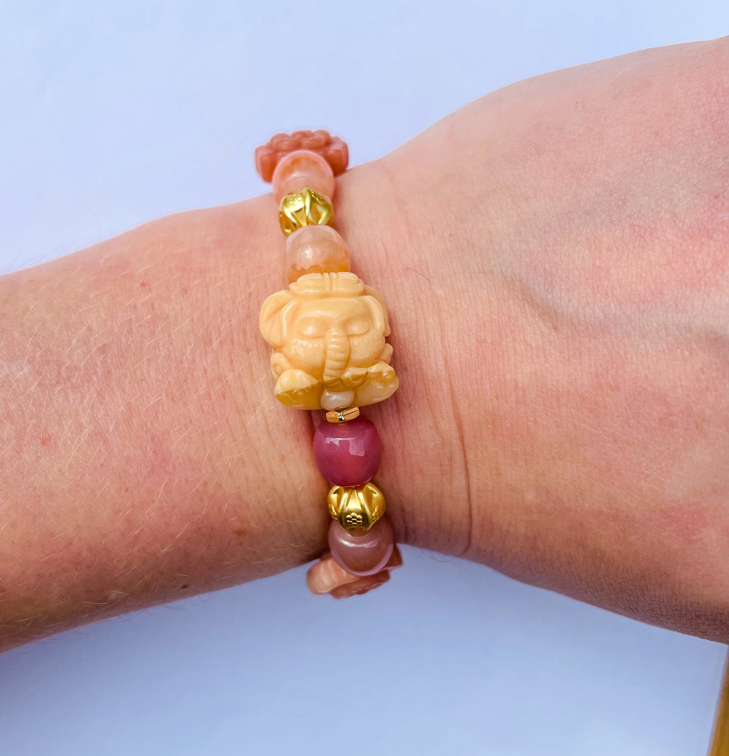 Natural Orange Botswana Agate with Natural Alashan Agate Baby Elephant Crystal Carving Beaded Stretch Adjustable Bracelet