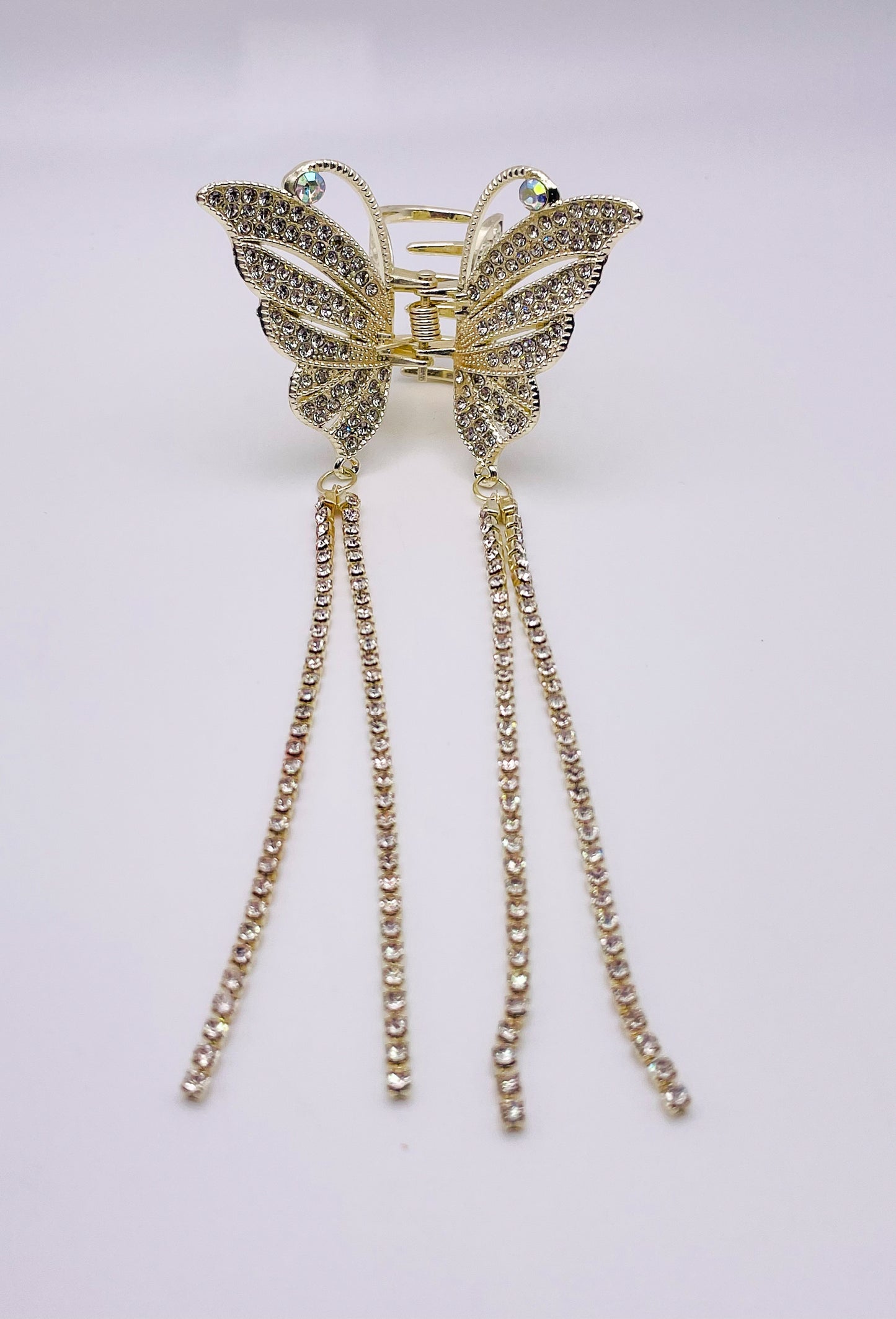Small Gold Bling Butterfly Hair Clip with Dangling Bling Gold Chain