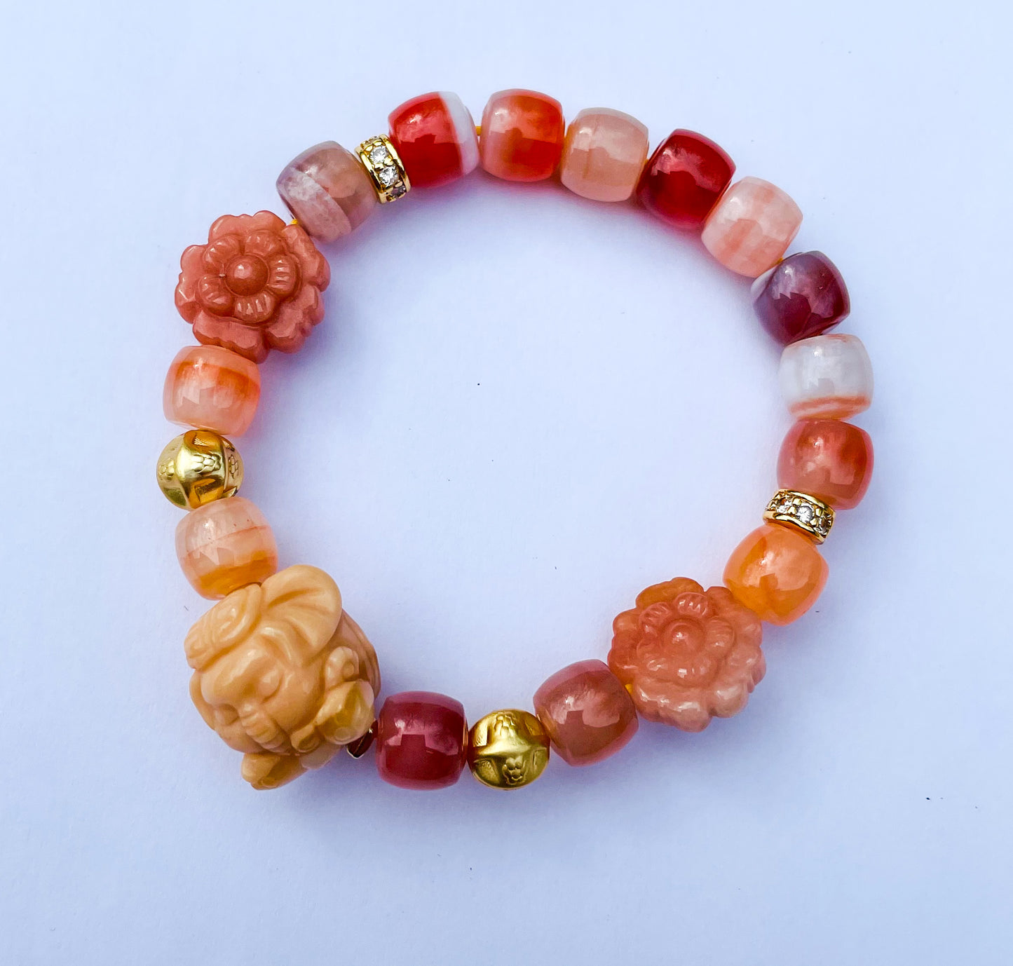 Natural Orange Botswana Agate with Natural Alashan Agate Baby Elephant Crystal Carving Beaded Stretch Adjustable Bracelet