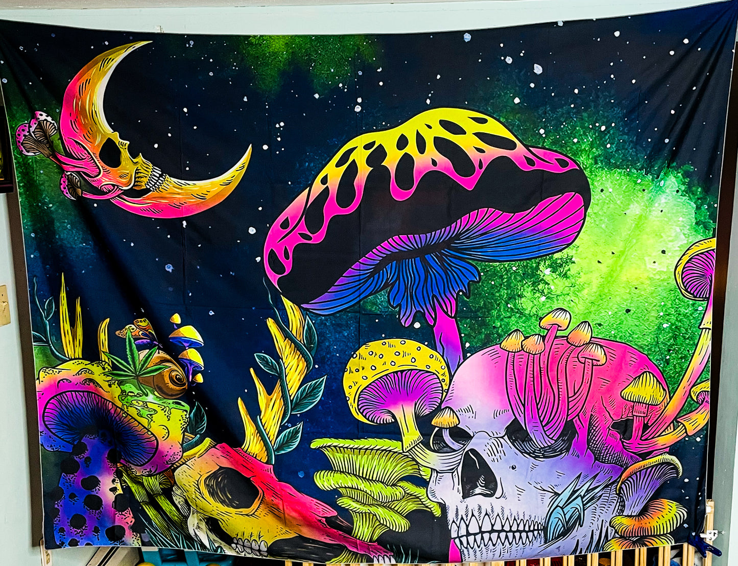UV Blacklight Reactive Glow in the Dark Fantasy Skull Mushroom Land Tapestry