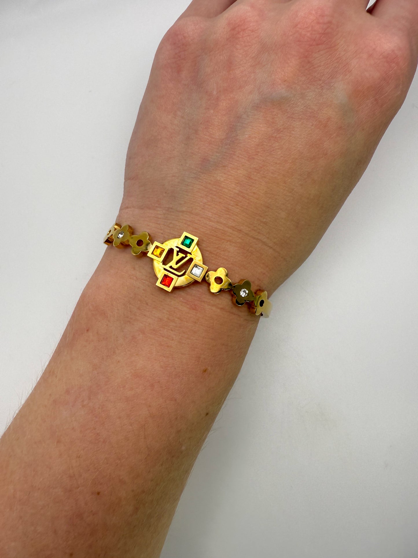 Gold LV Open Front Bangle Bracelet with Colorful Zircon