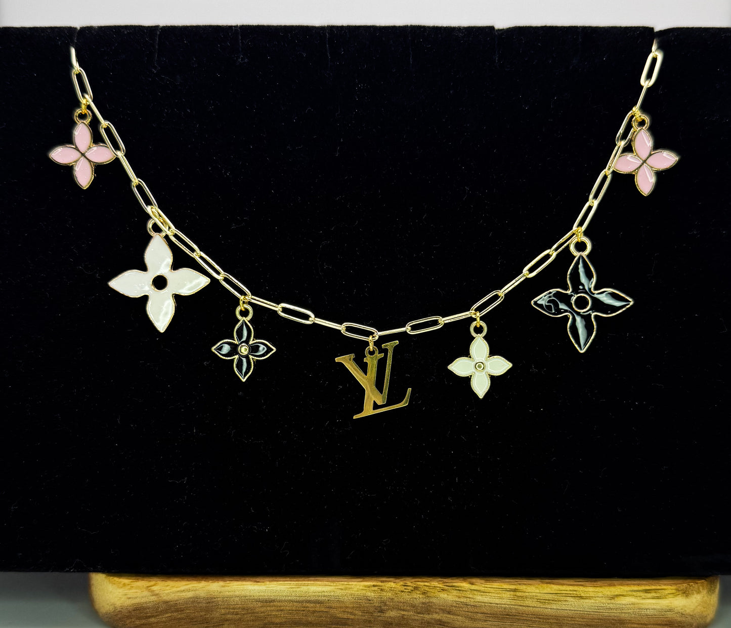 Gold LV Logo Charm Necklace