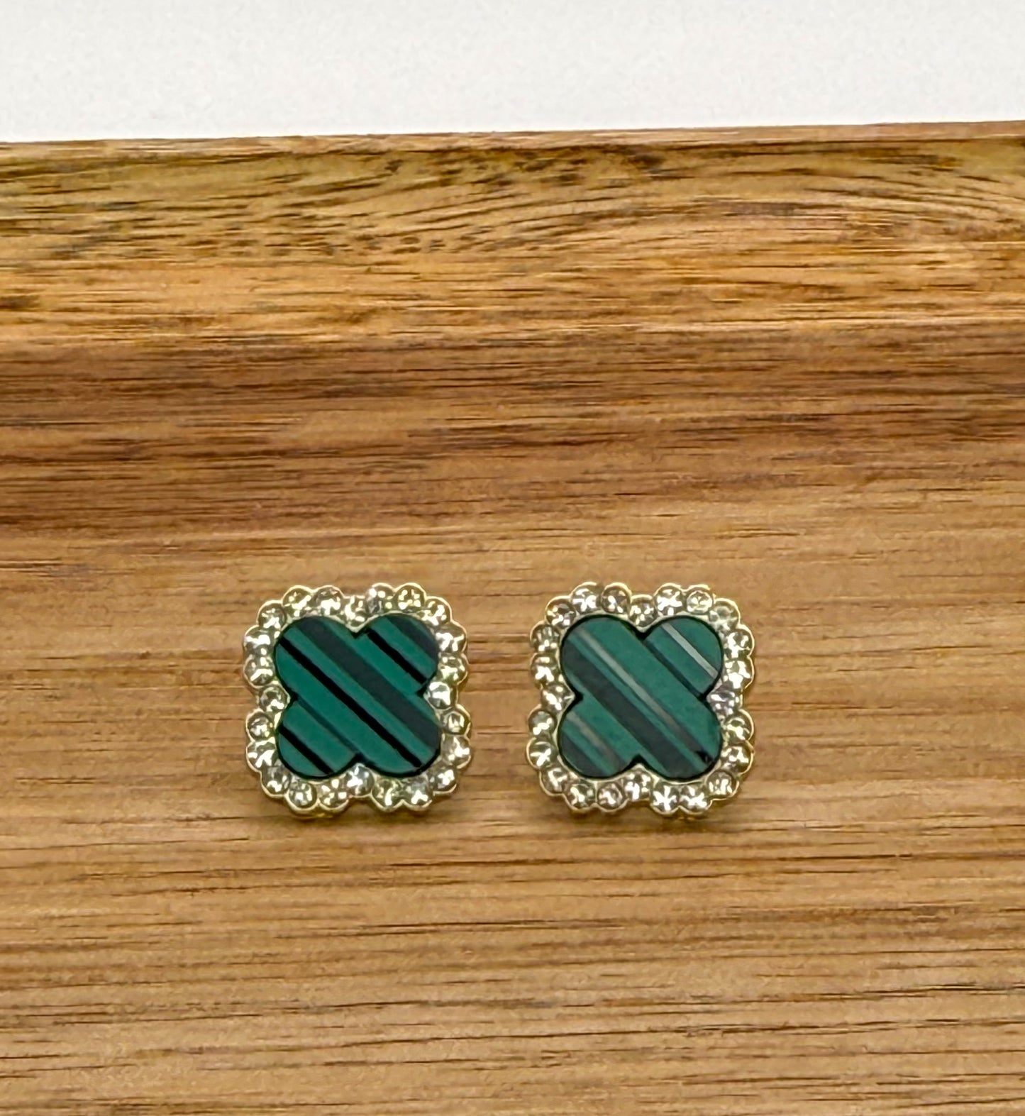 Malachite Green & Gold Clover Stud Earrings