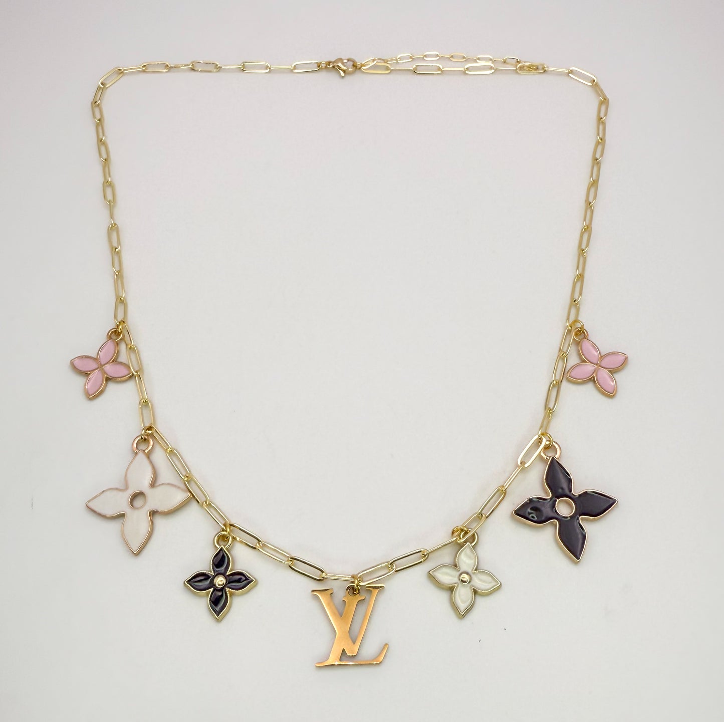 Gold LV Logo Charm Necklace