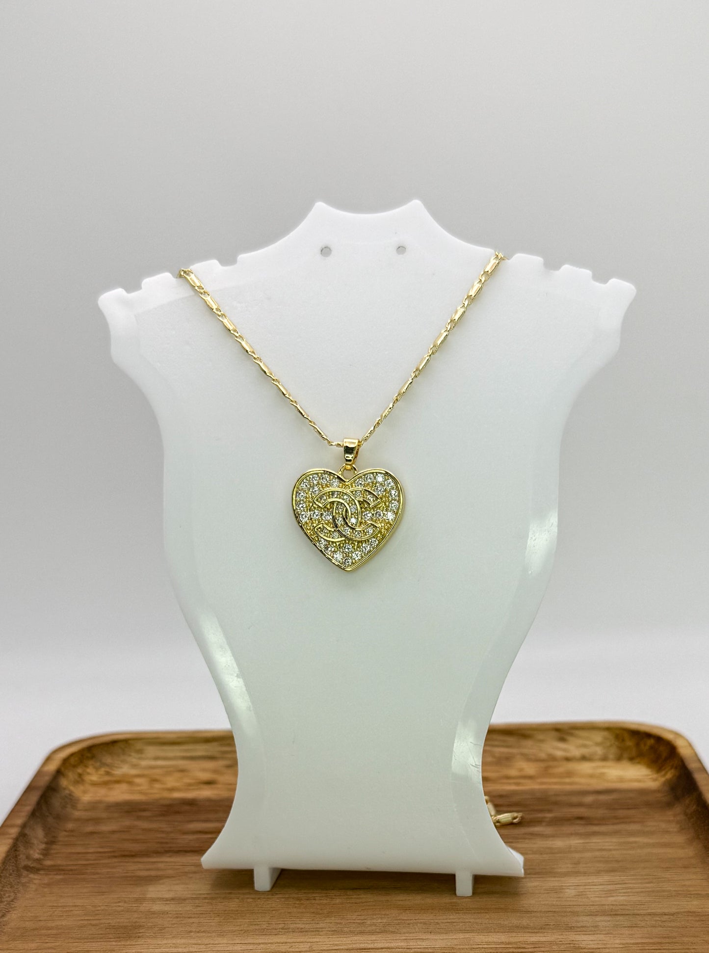 Sparkling Gold CC Heart Pendant on 24k Gold Filled Necklace Chain