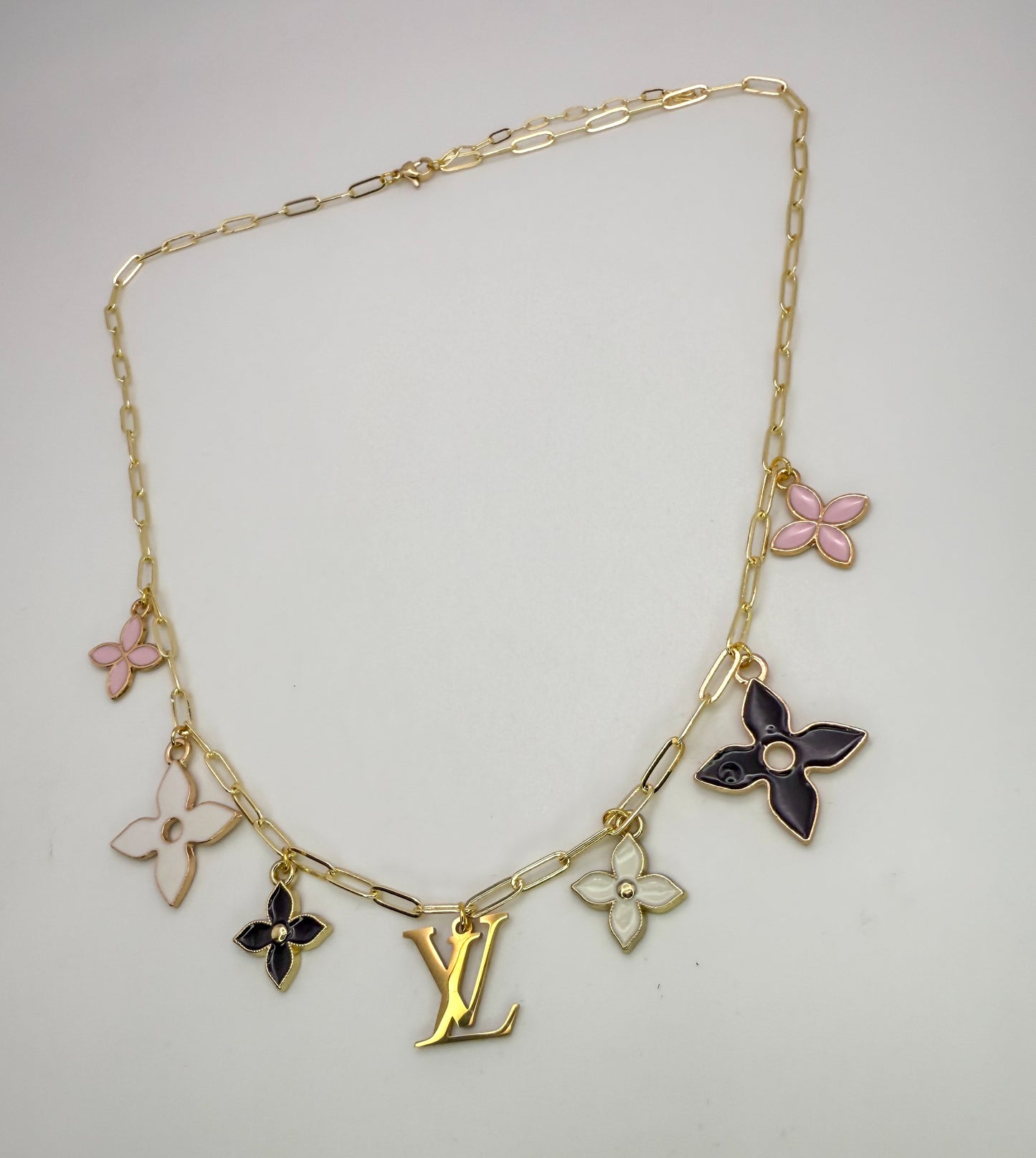 Gold LV Logo Charm Necklace