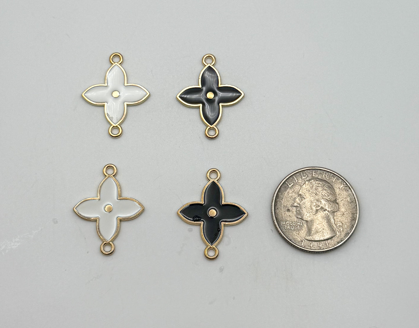 Black & White Enamel Clover Flower DIY Connector Metal Charms