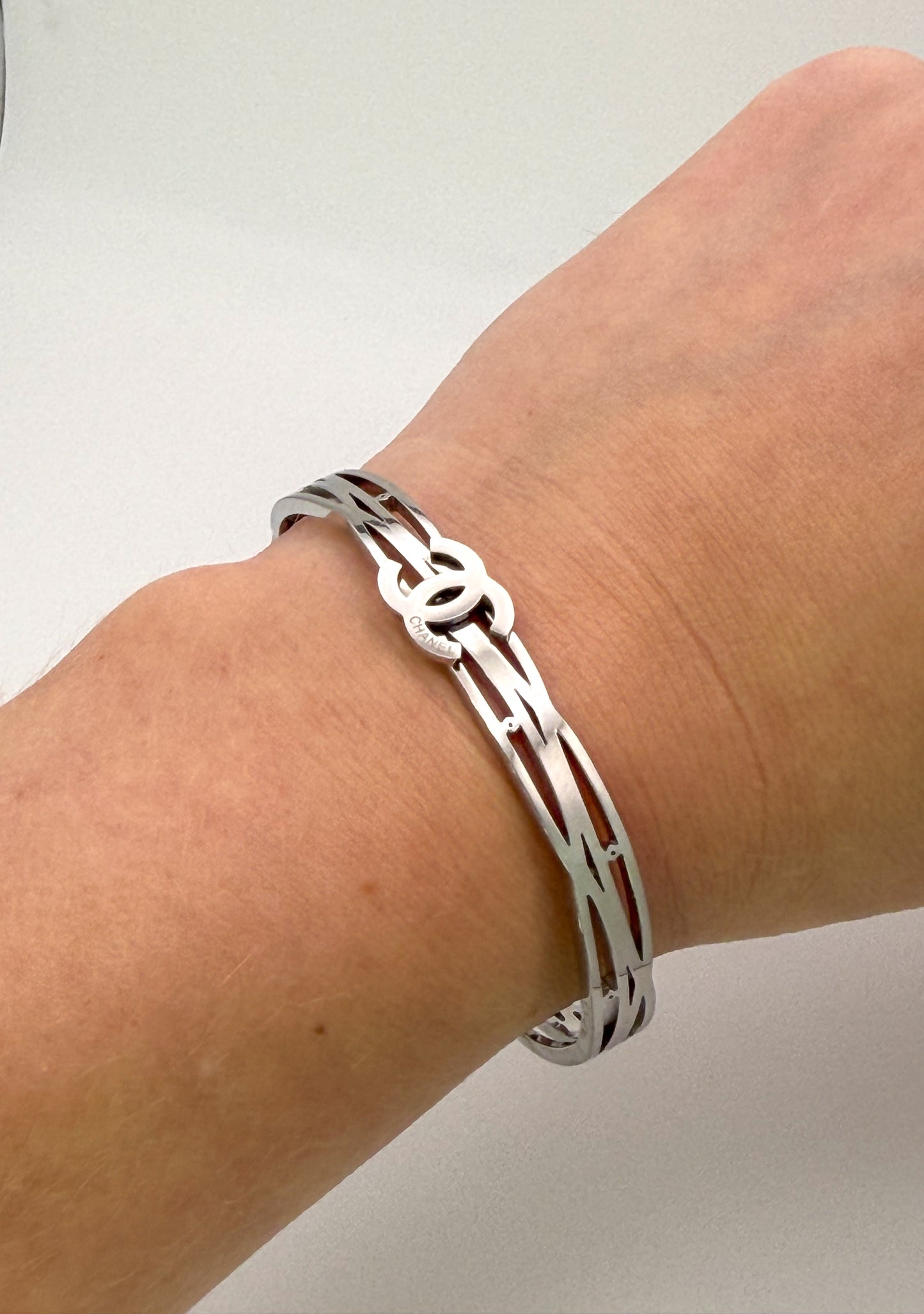 Silver Stainless Steel CC Designer Open Front Bangle Bracelet