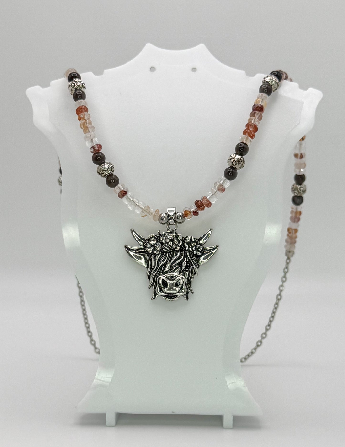 Natural Fire Quartz & Silver Highland Cow Pendant Necklace