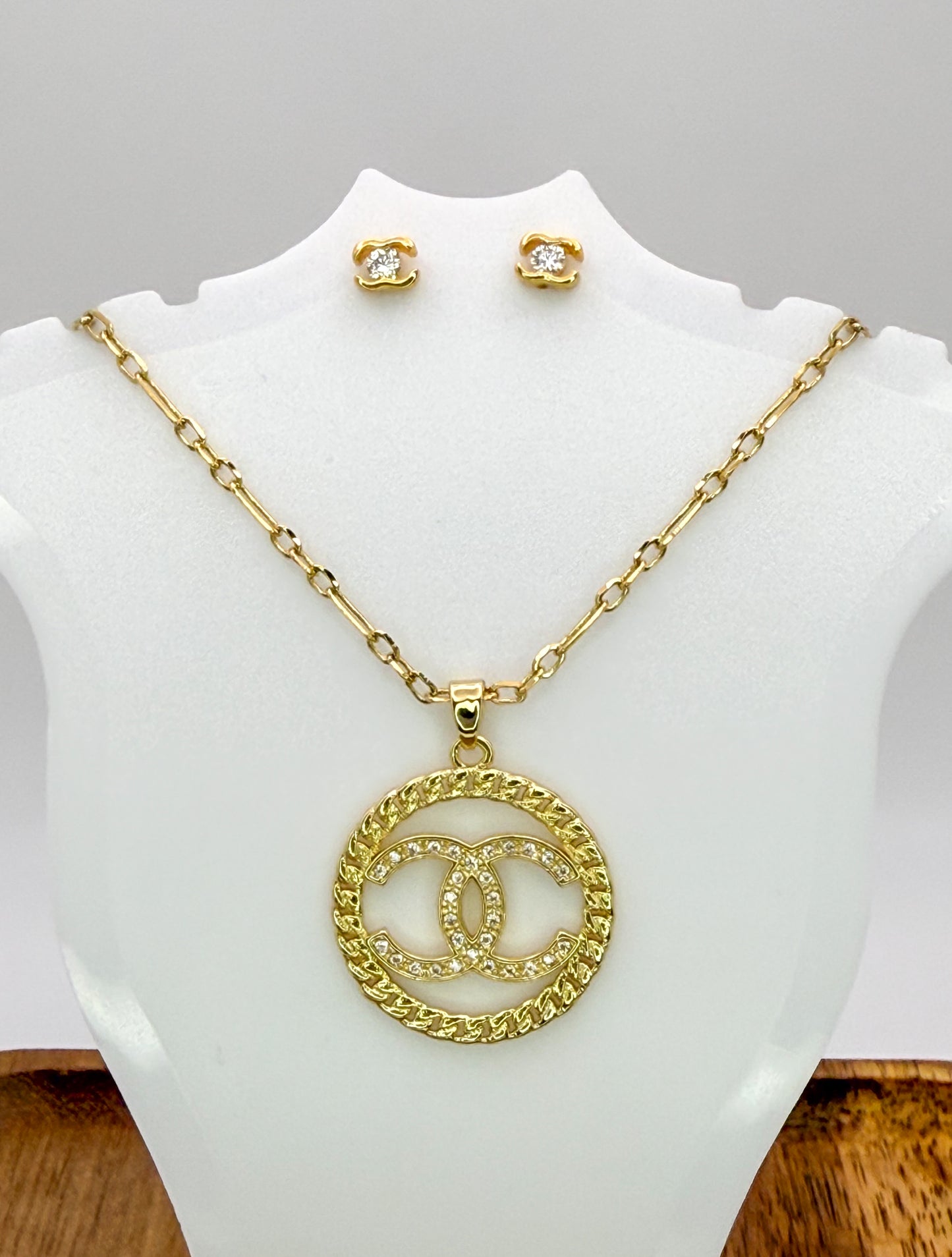 Gold CC Designer Round Pendant on 24k Gold Filled chain with Matching Gold CC Stud Earrings