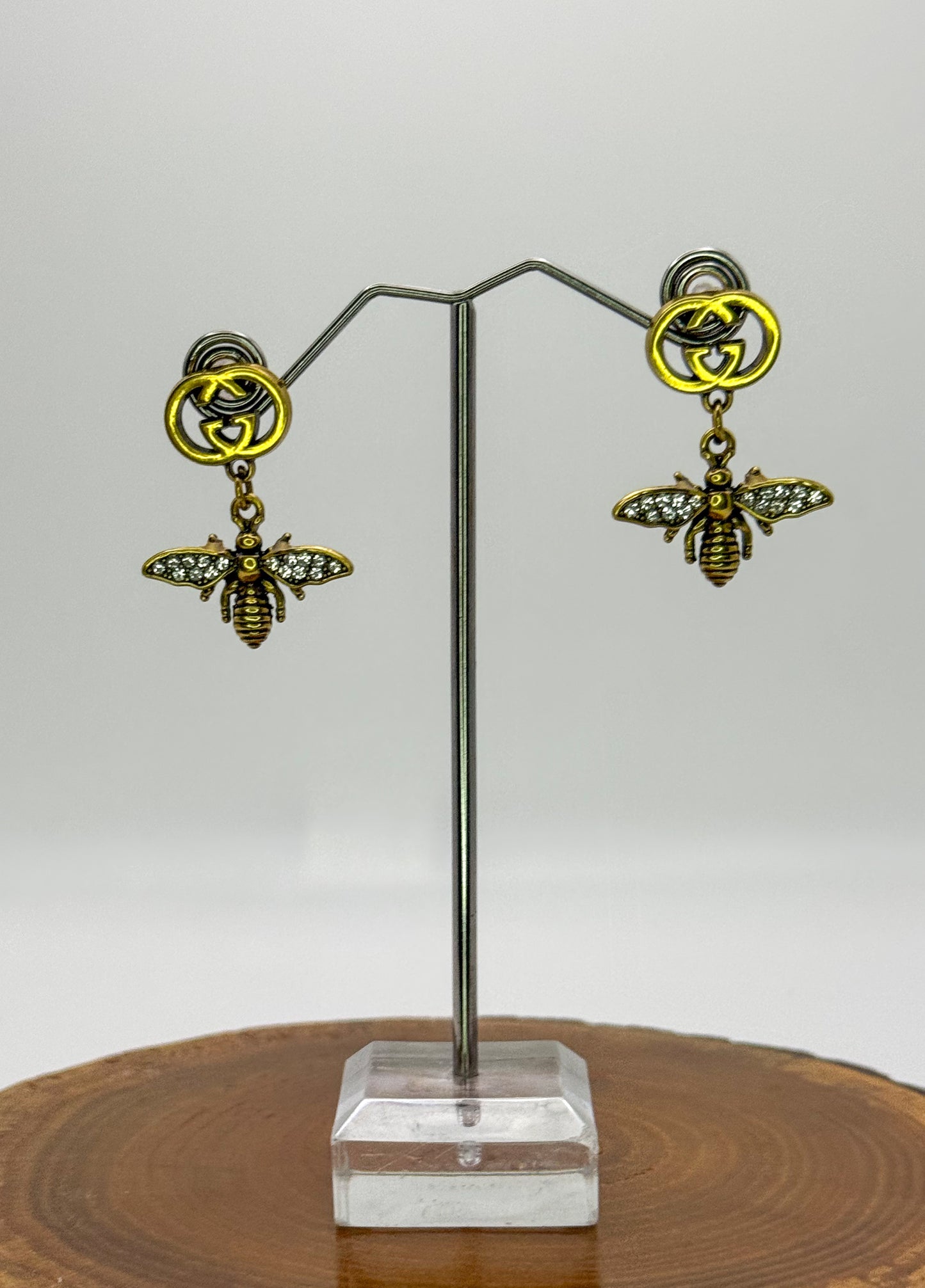 Antique Gold GG Designer Bumble Bee Stud Earrings
