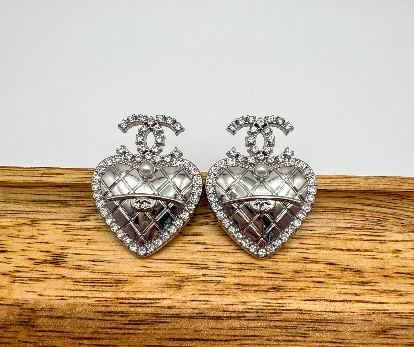 Silver CC Heart Stud Earrings- Stamped