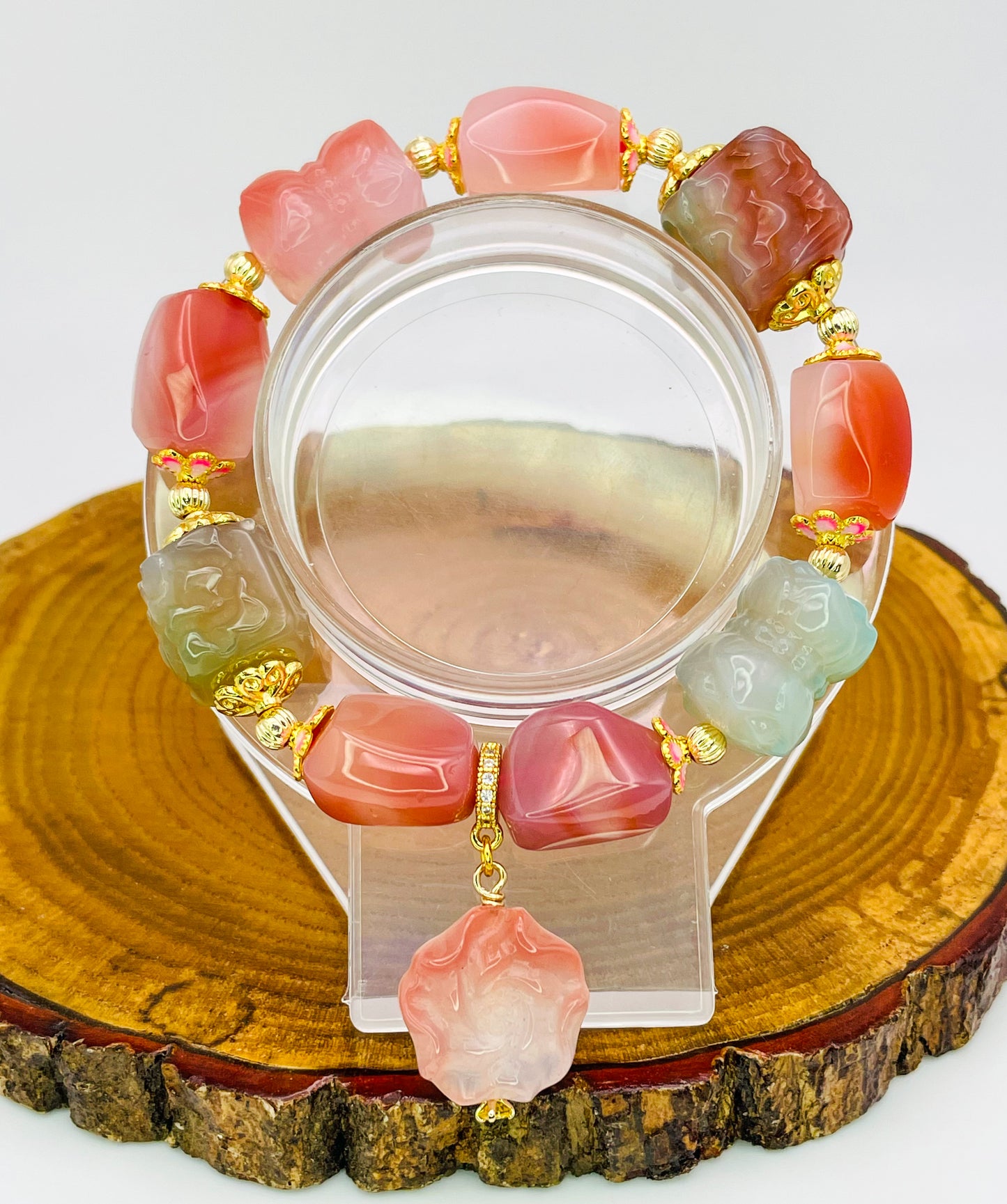 Natural Yanyuan Agate Peony Square Freeform Carving Adjustable Stretch Bracelet