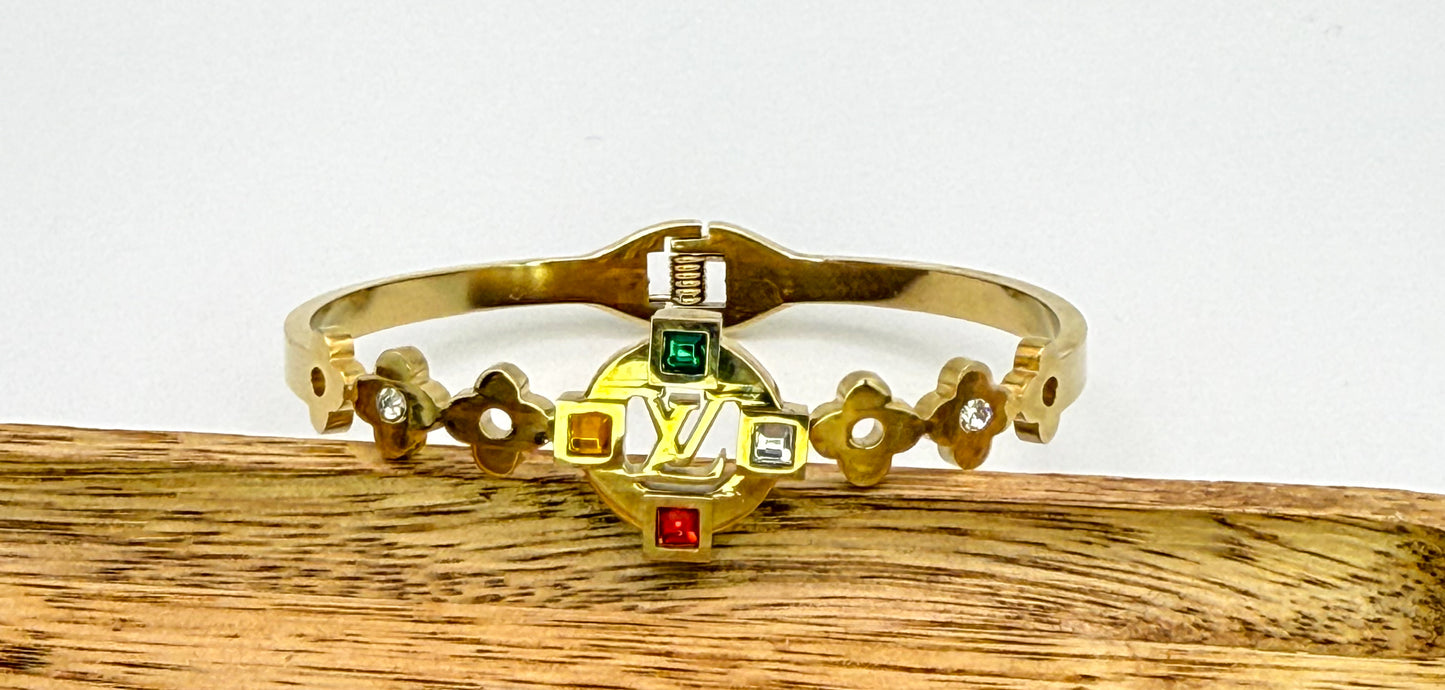 Gold LV Open Front Bangle Bracelet with Colorful Zircon