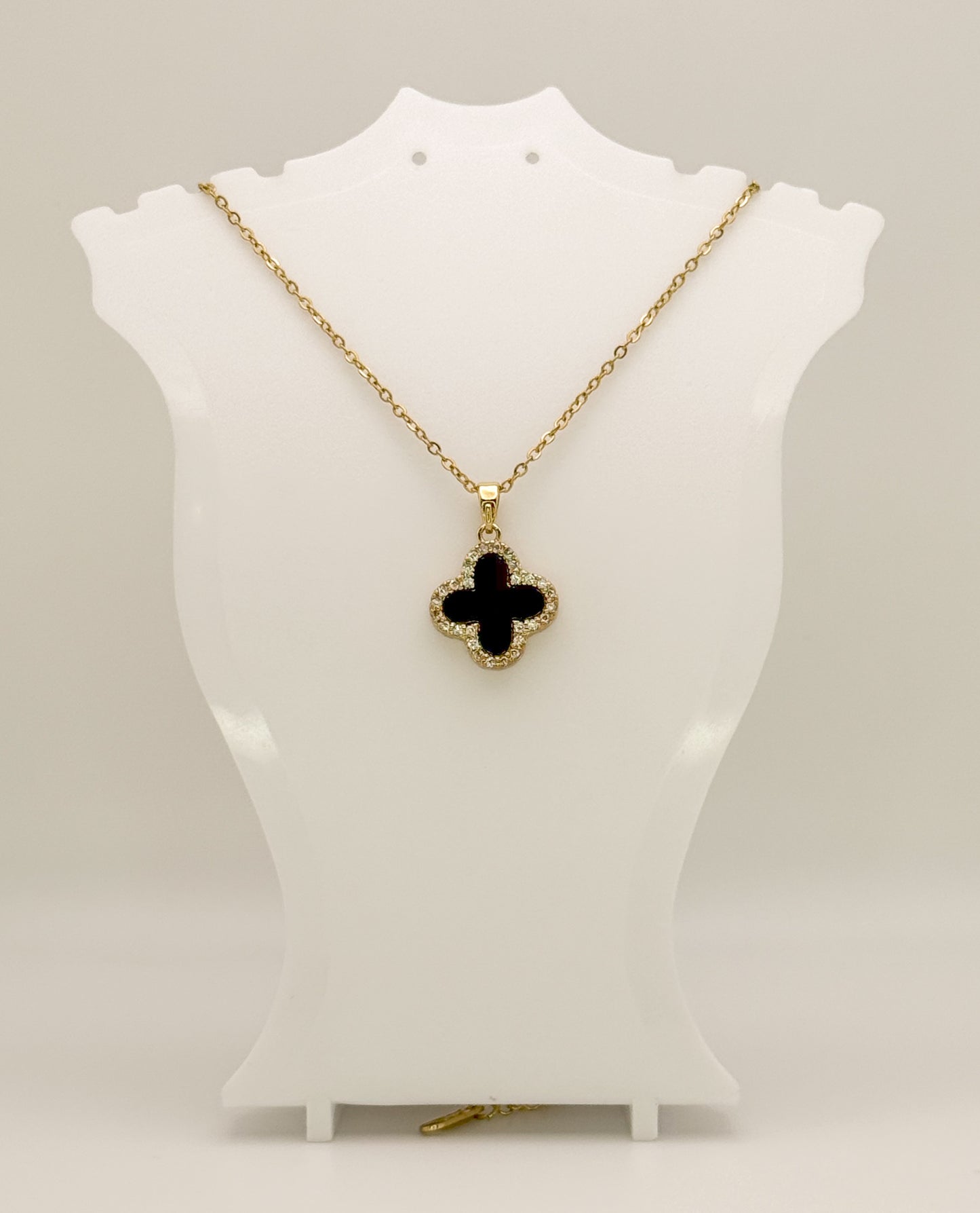 LV Black/White Front & Back Reversible Clover Gold Adjustable Stainless Steel Necklace
