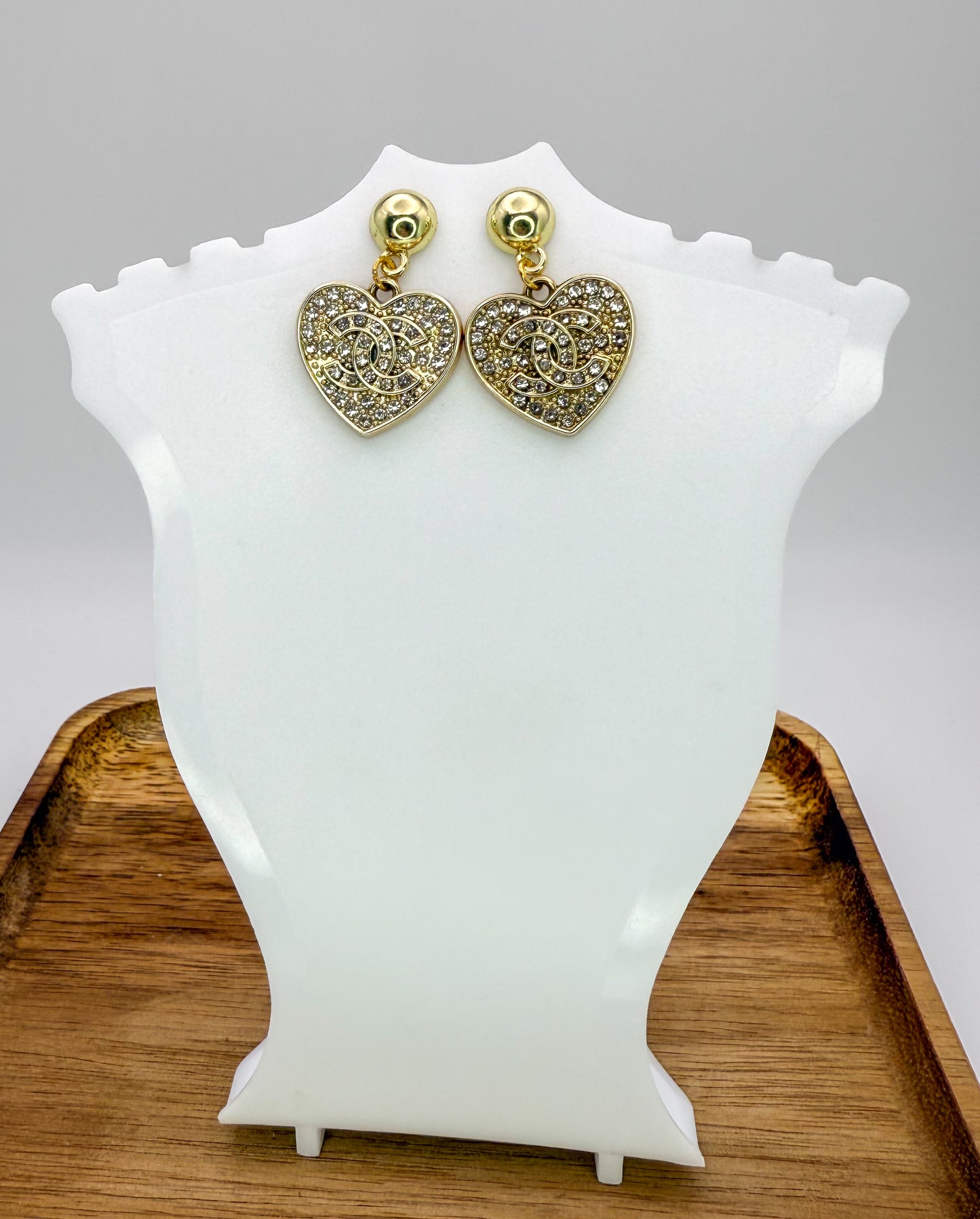 Sparkling CC Gold Heart Dangle Stud Earrings