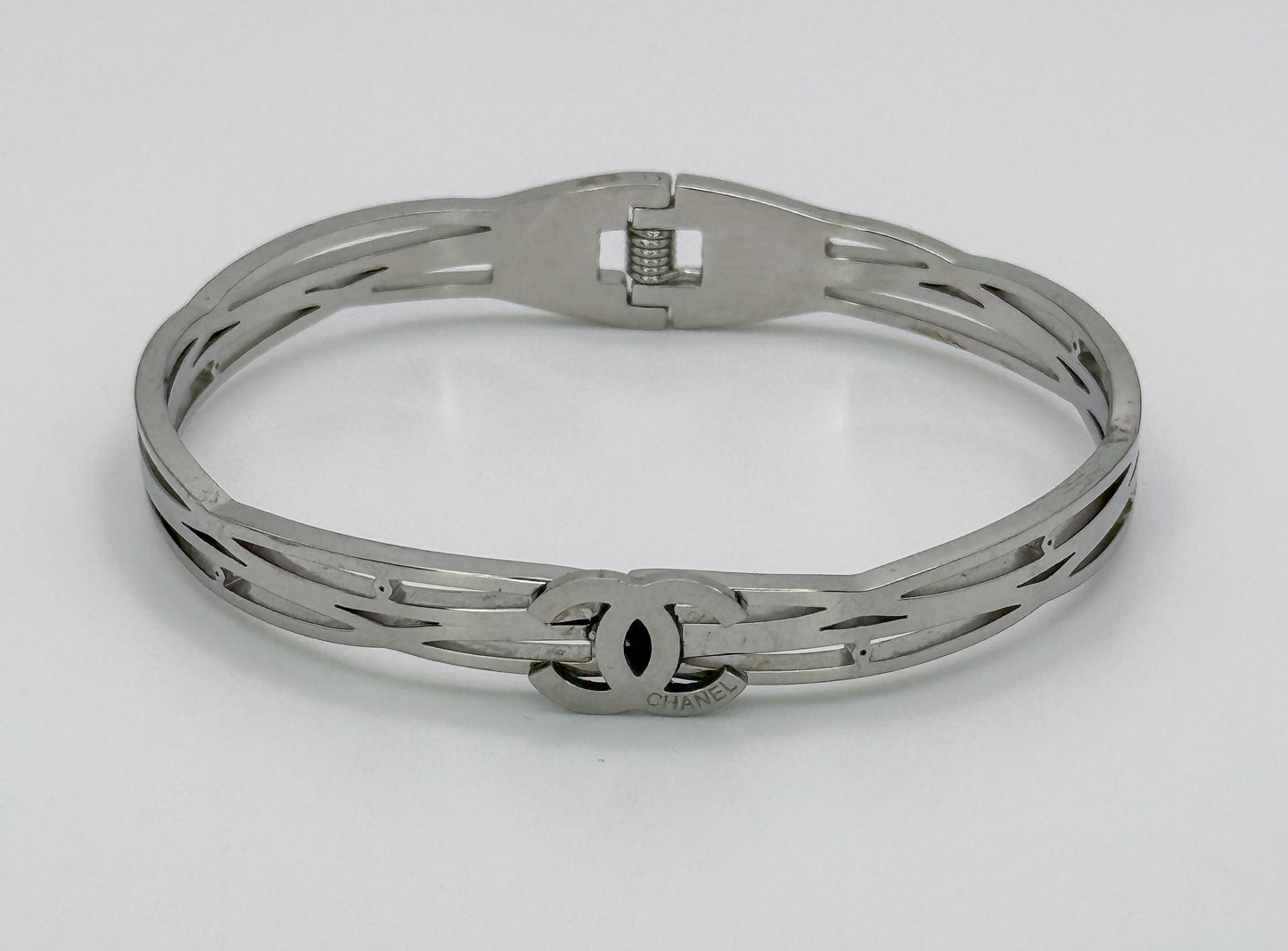 Silver Stainless Steel CC Designer Open Front Bangle Bracelet