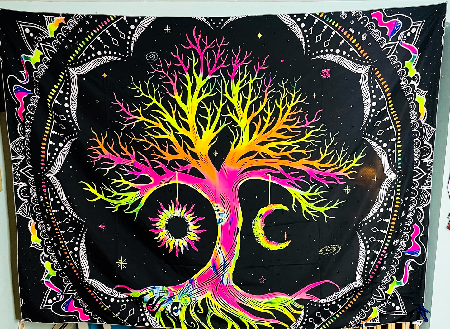 UV Blacklight Reactive Glow in the Dark Tree of Life Sun & Moon Tapestry