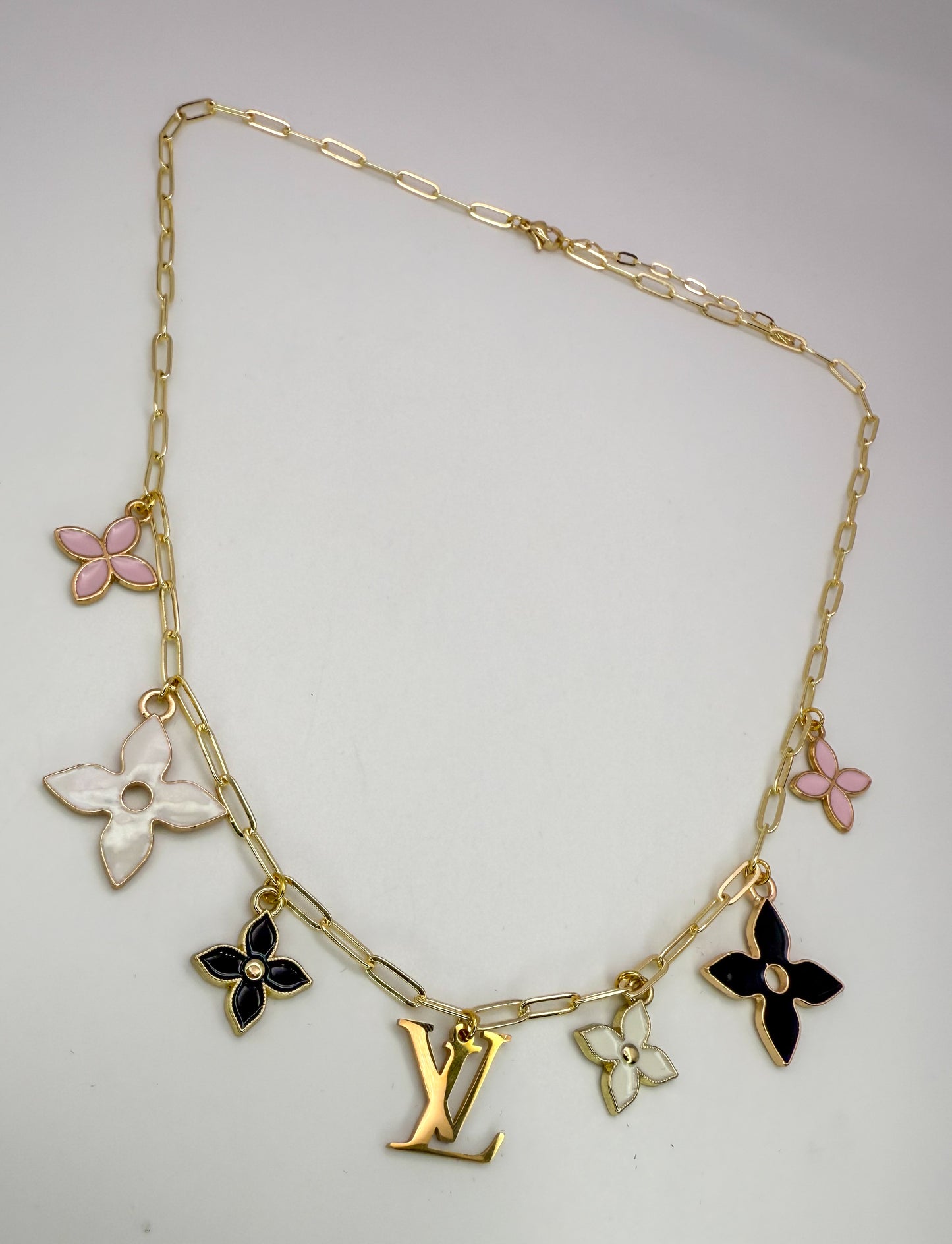 Gold LV Logo Charm Necklace