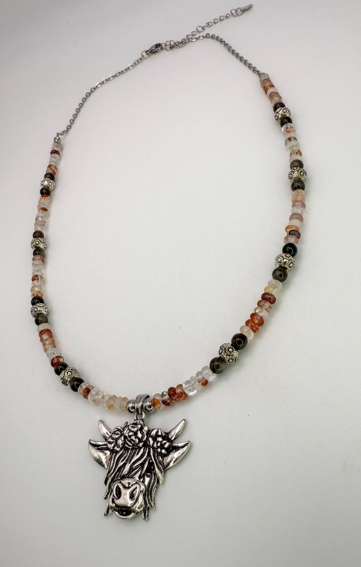 Natural Fire Quartz & Silver Highland Cow Pendant Necklace