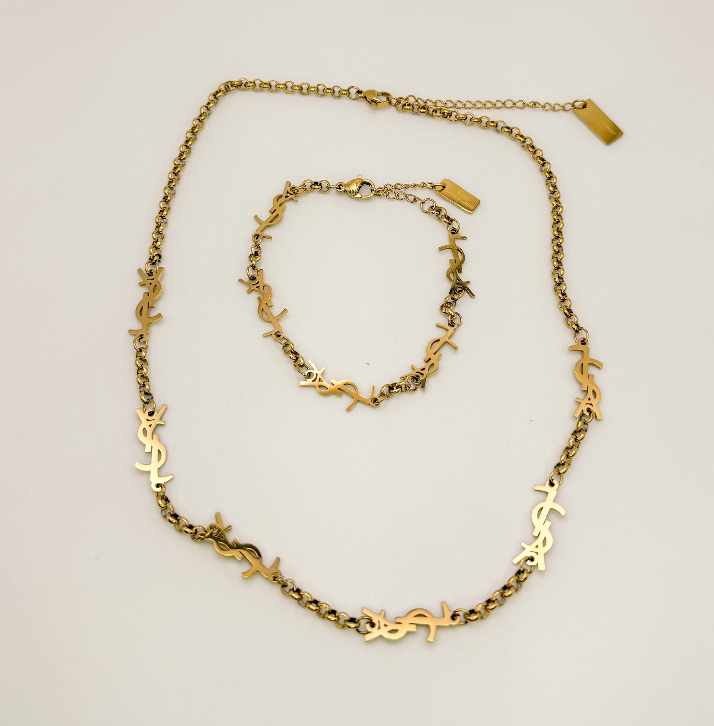 YSL Designer Gold Stainless Steel Matching Necklace & Bracelet Set