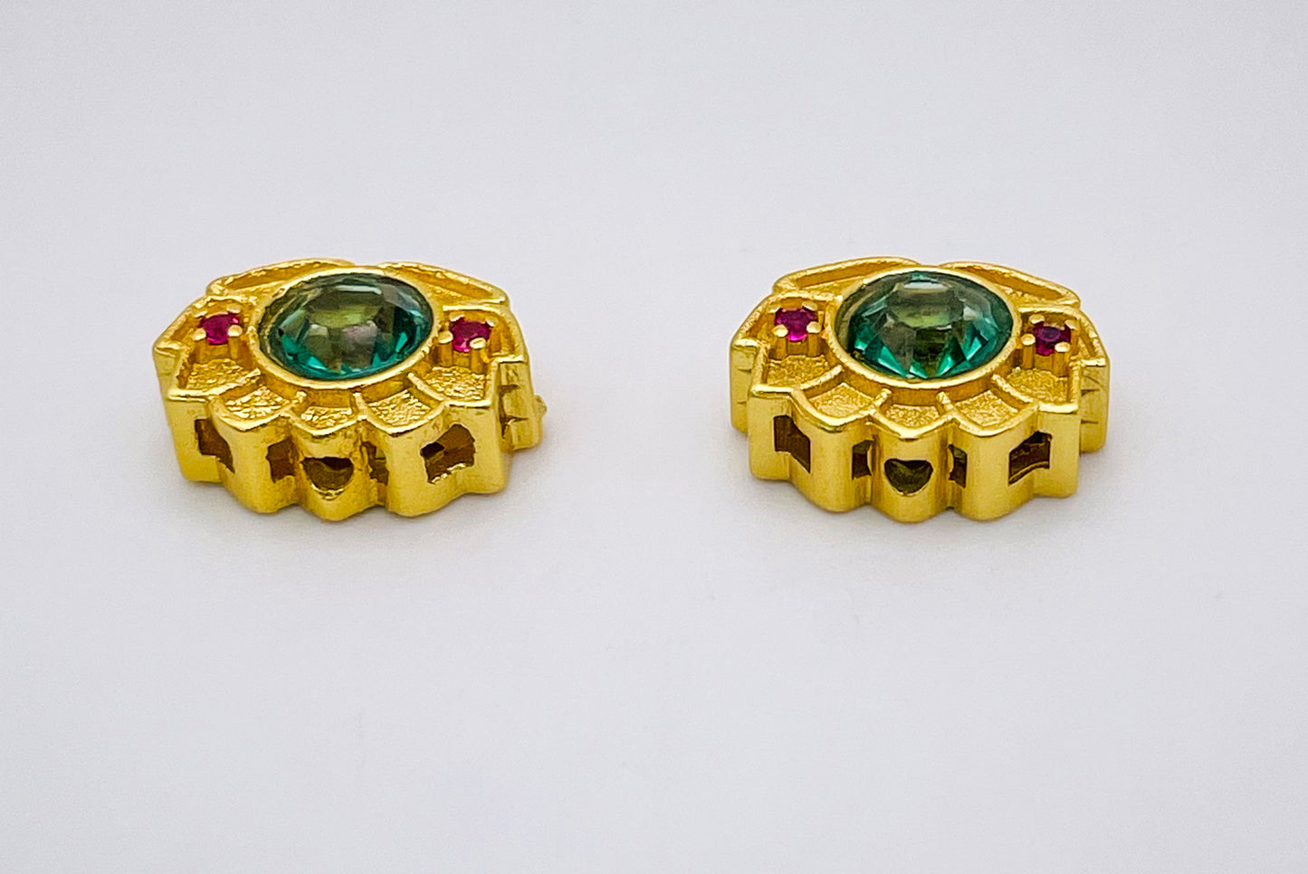 Gold Lotus Charm Bead with Big Green & Micro Pave Red Zircon Gems