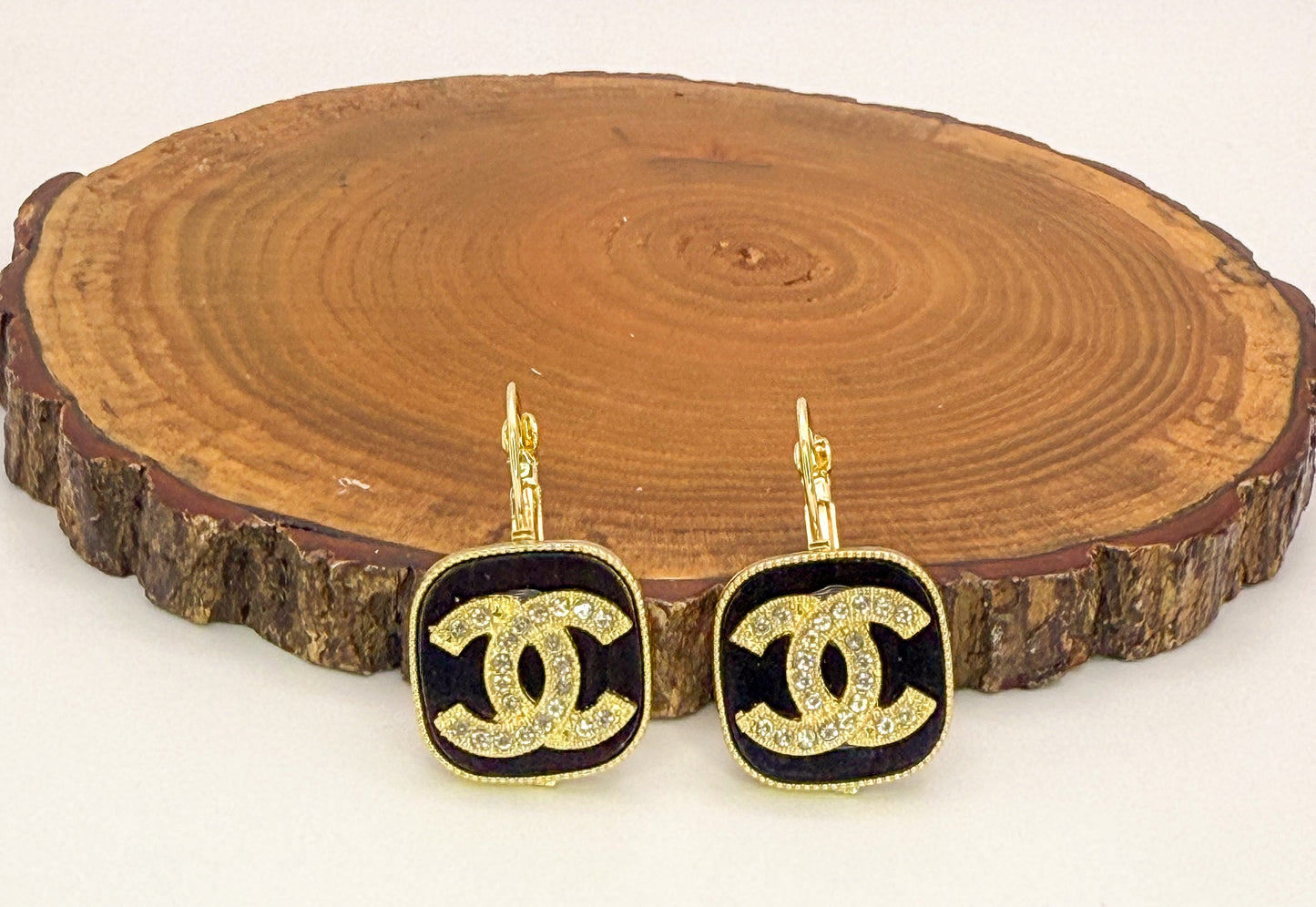 Gold w/ Black Enamel CC Designer Drop Earrings