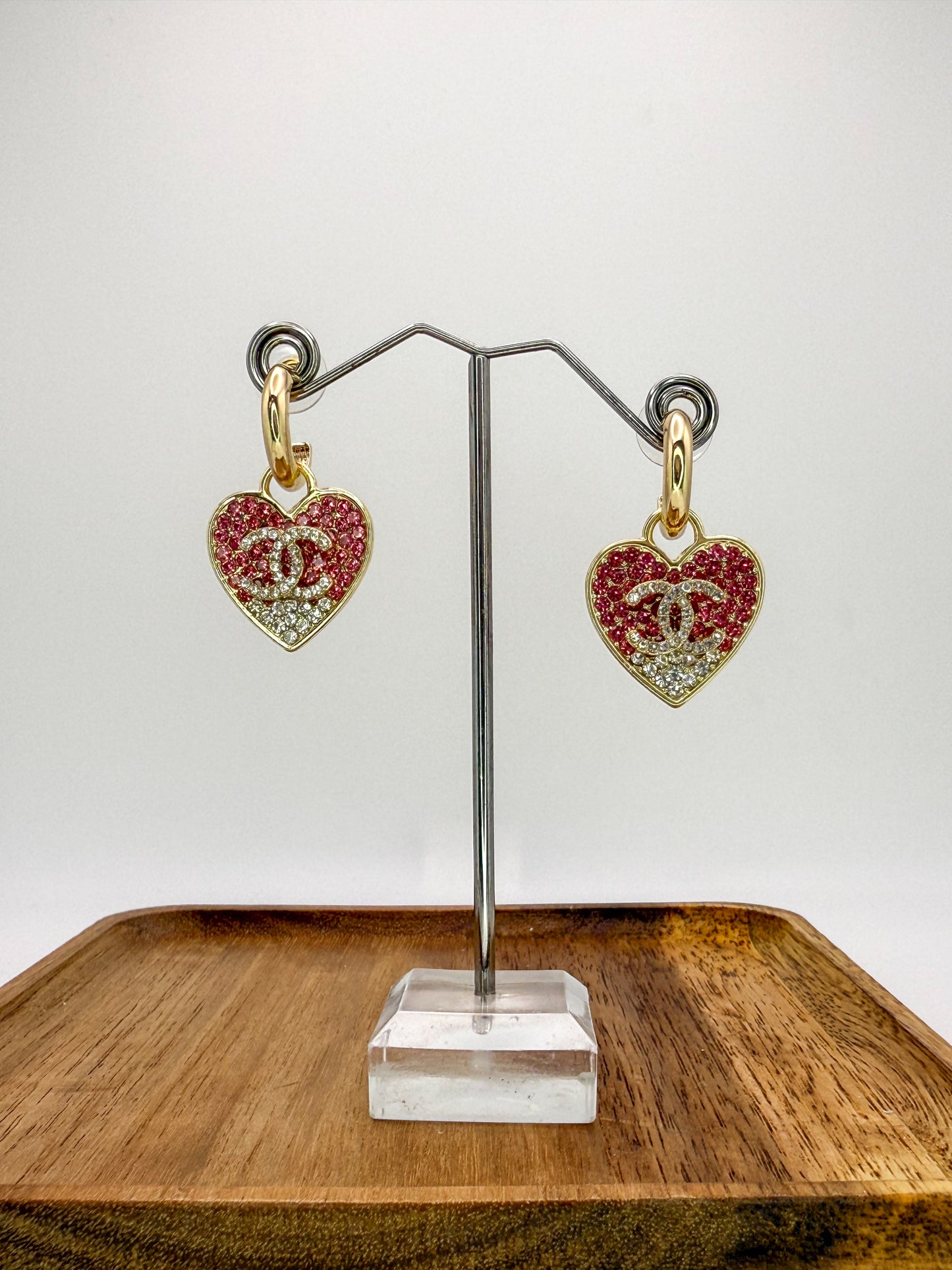 Gold & Hot Pink CC Designer Stud Dangle Hoop Earrings