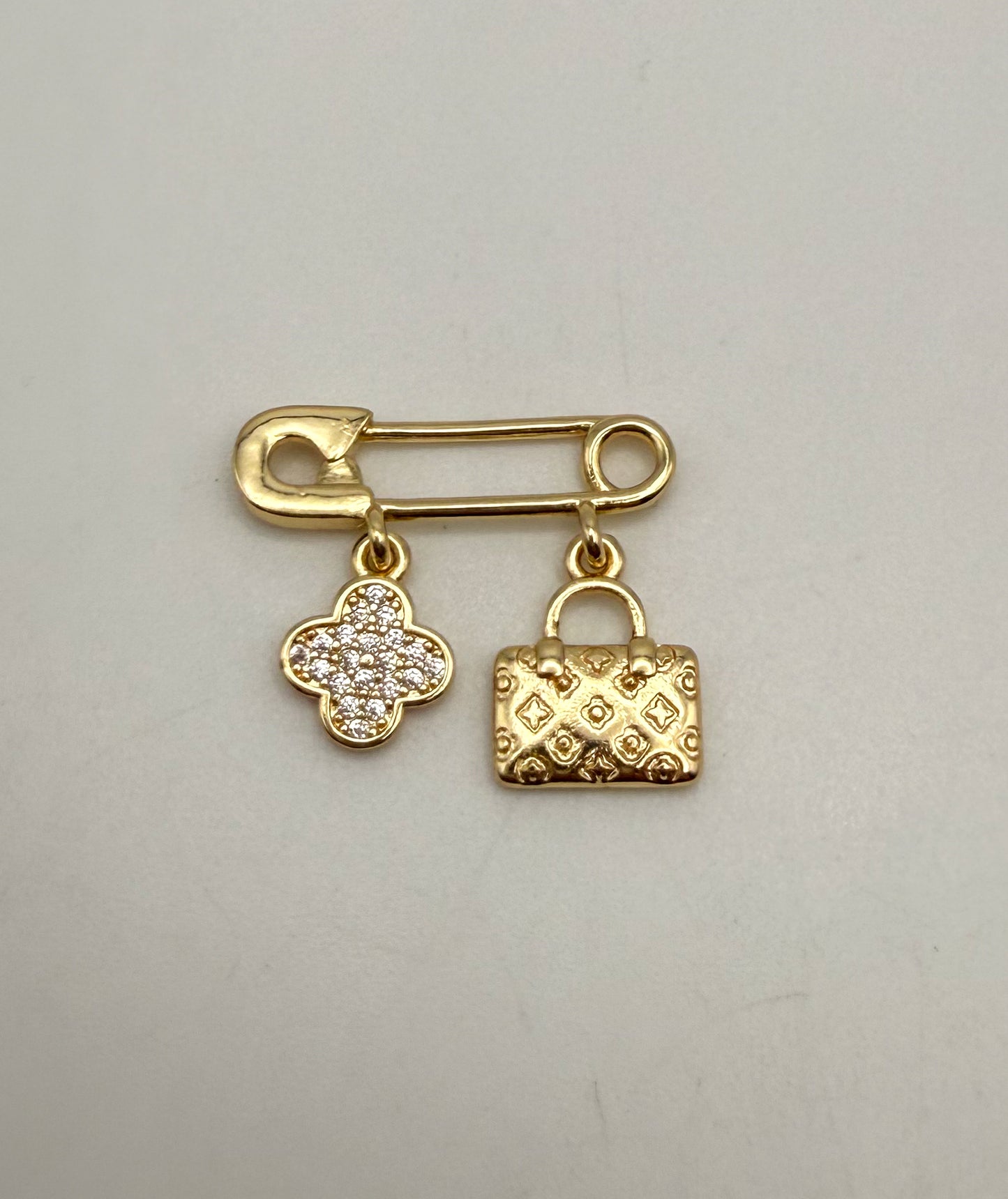LV Inspired Clover & Purse Silver or Gold Safety Pin Dangle Charm Pendant