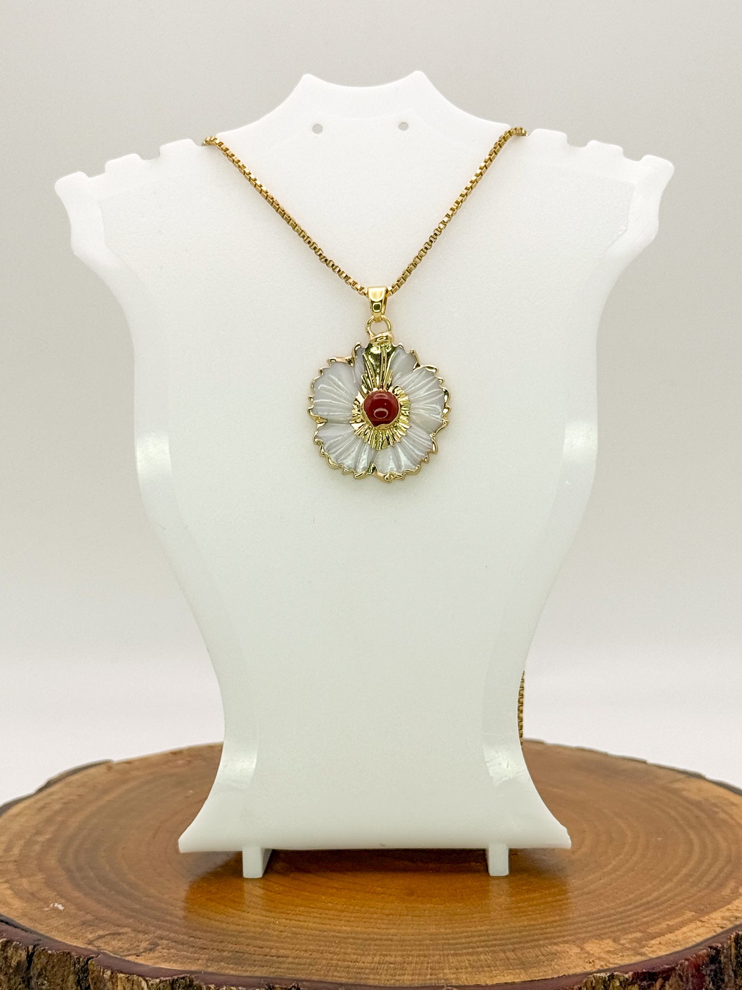Nature’s Beauty Necklace-Natural Shell with Natural Turquoise Gemstone, Gold Stainless Steel Pendant Necklace