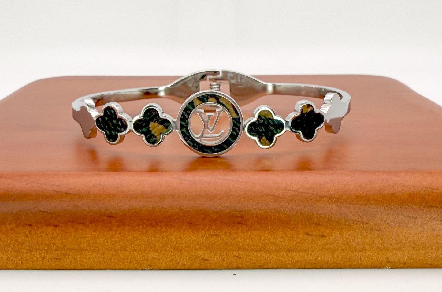 Stainless Steel LV Open Front Silver Bangle with Brand Leather Logo