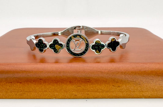 Stainless Steel LV Open Front Silver Bangle with Brand Leather Logo