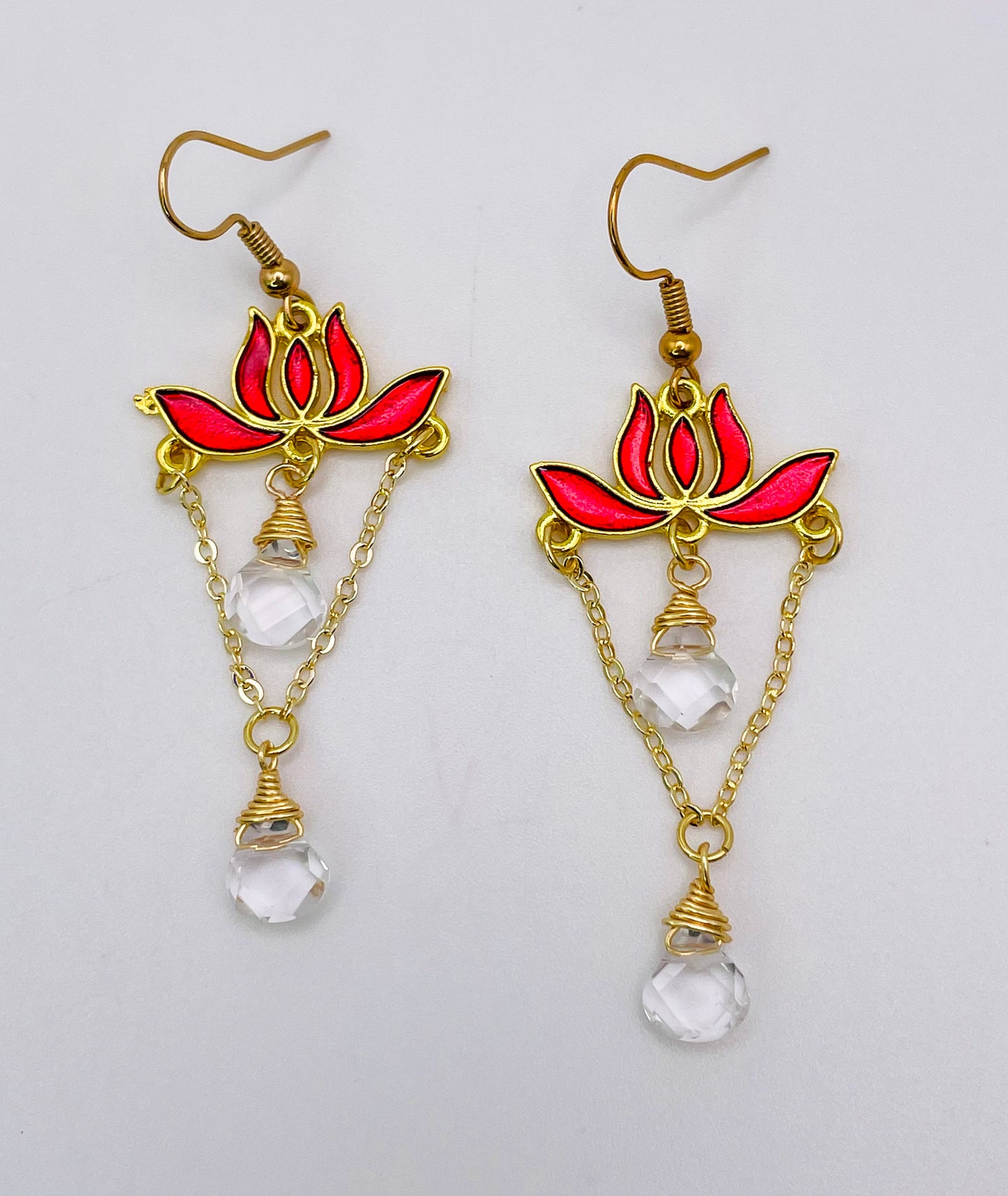 Gold Colorful Lotus Earrings with Natural Crystal Beaded Teardrops