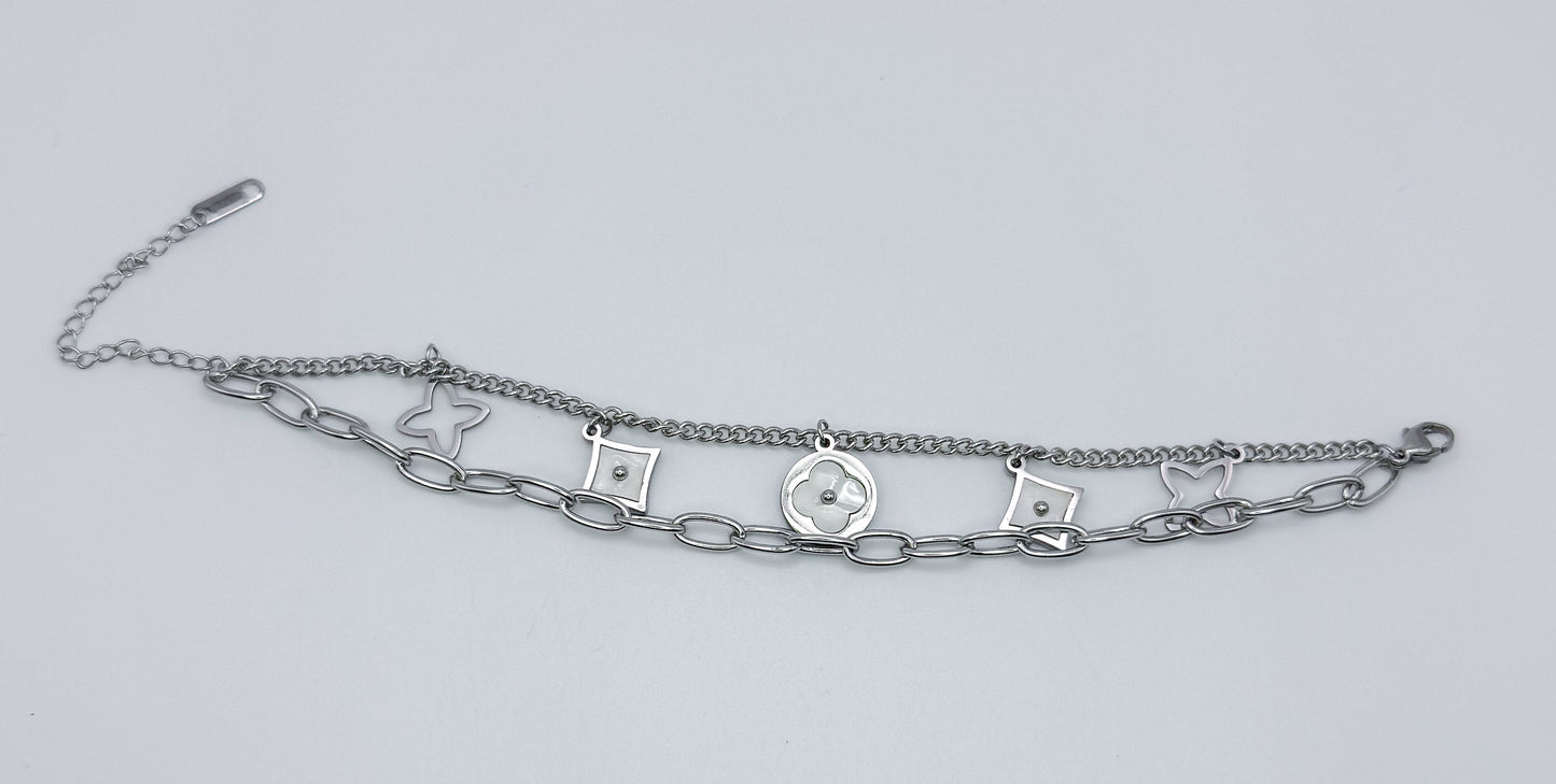 LV Designer Clover Logo Silver Stainless Steel Adjustable Bracelet