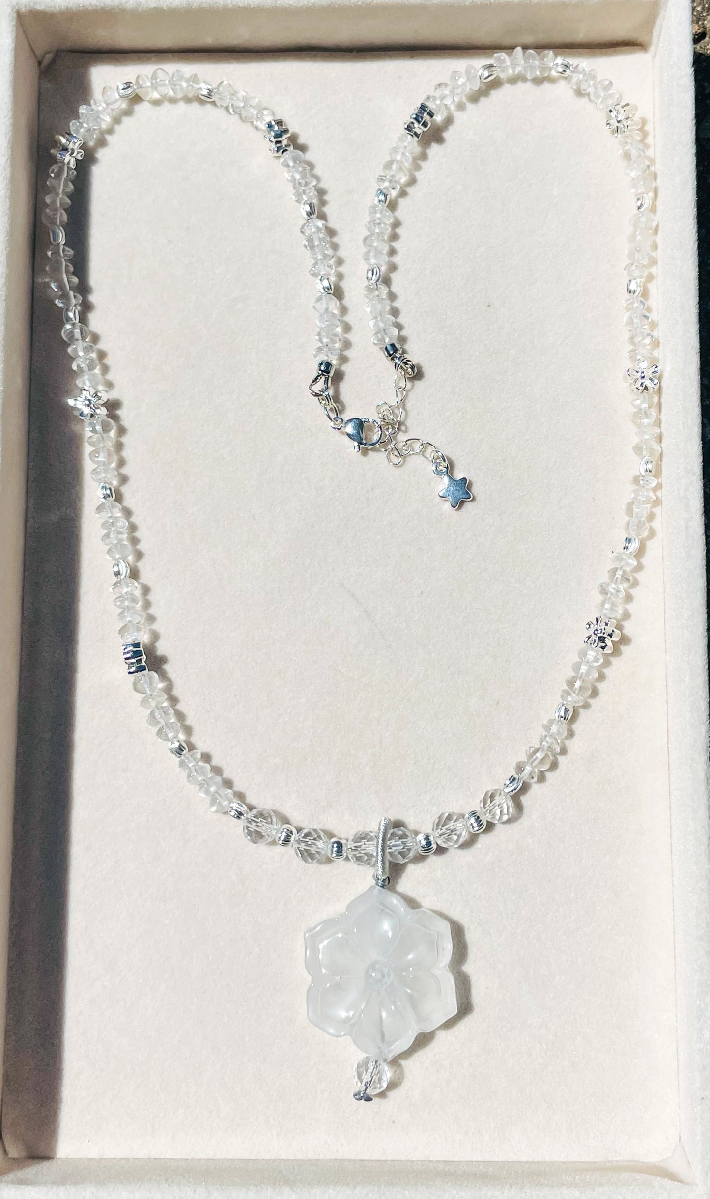 Natural Clear Quartz Sakura Flower Crystal Carving Beaded Adjustable Necklace