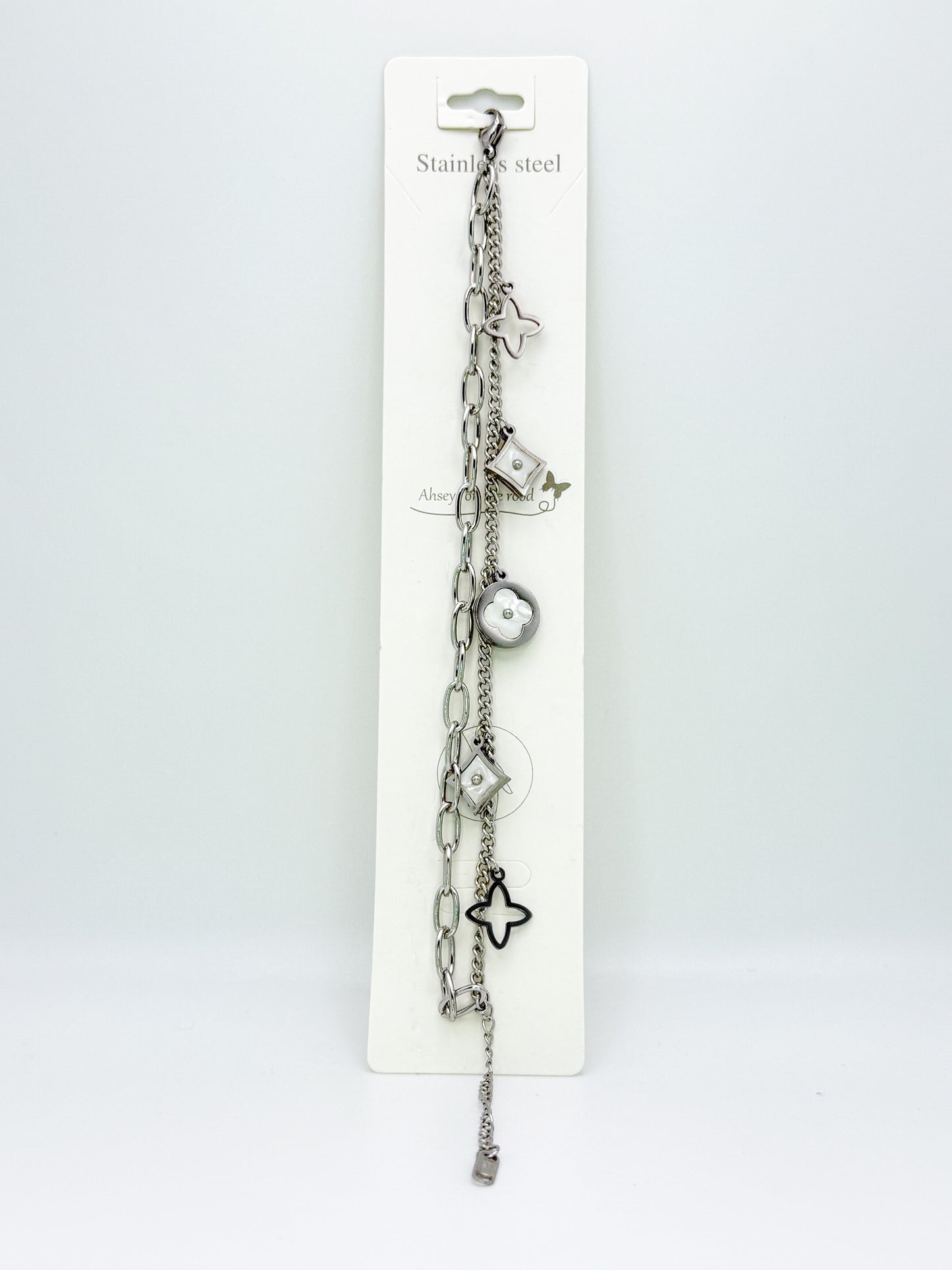 LV Designer Clover Logo Silver Stainless Steel Adjustable Bracelet