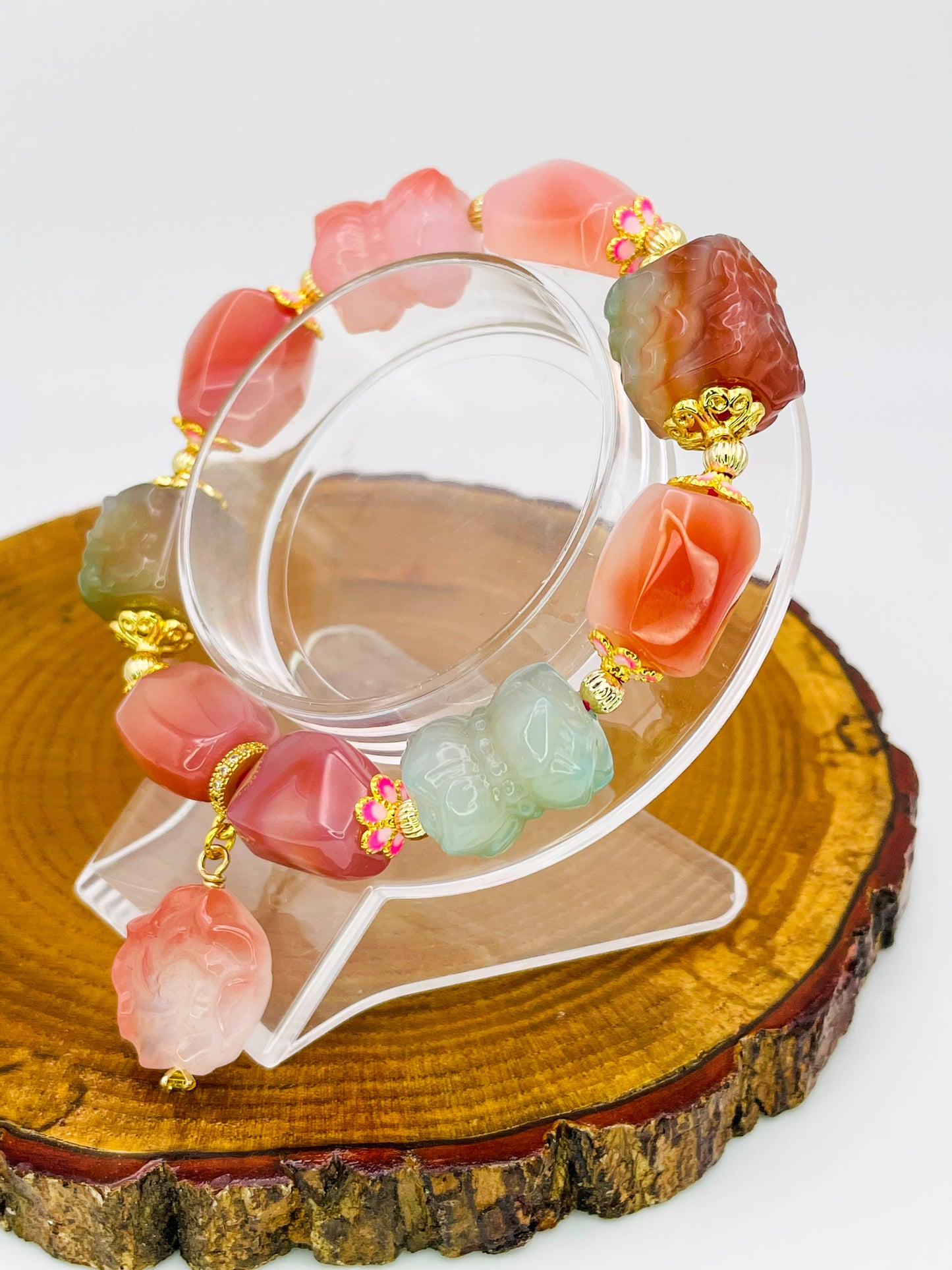 Natural Yanyuan Agate Peony Square Freeform Carving Adjustable Stretch Bracelet