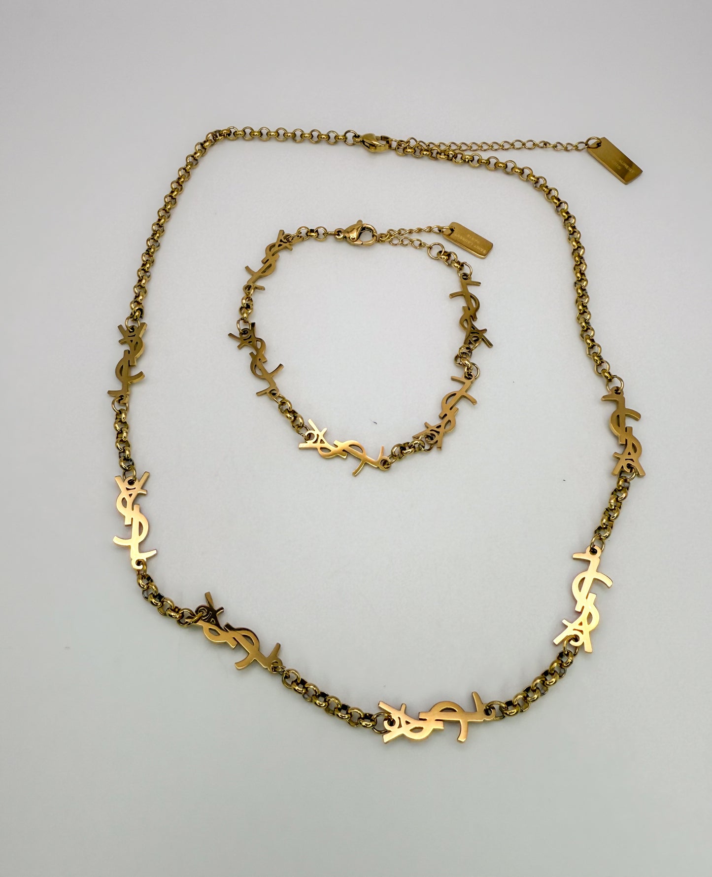 YSL Designer Gold Stainless Steel Matching Necklace & Bracelet Set