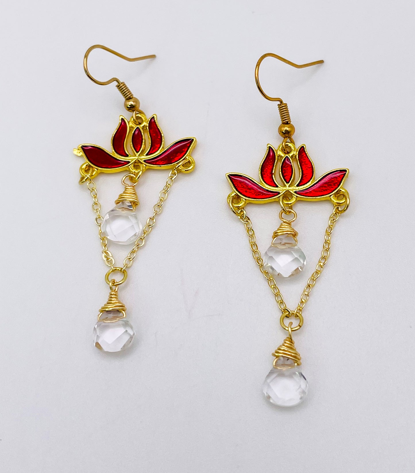 Gold Colorful Lotus Earrings with Natural Crystal Beaded Teardrops