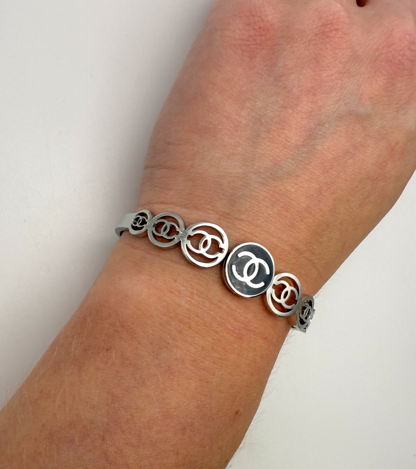 Silver CC Open Front Bangle Bracelet