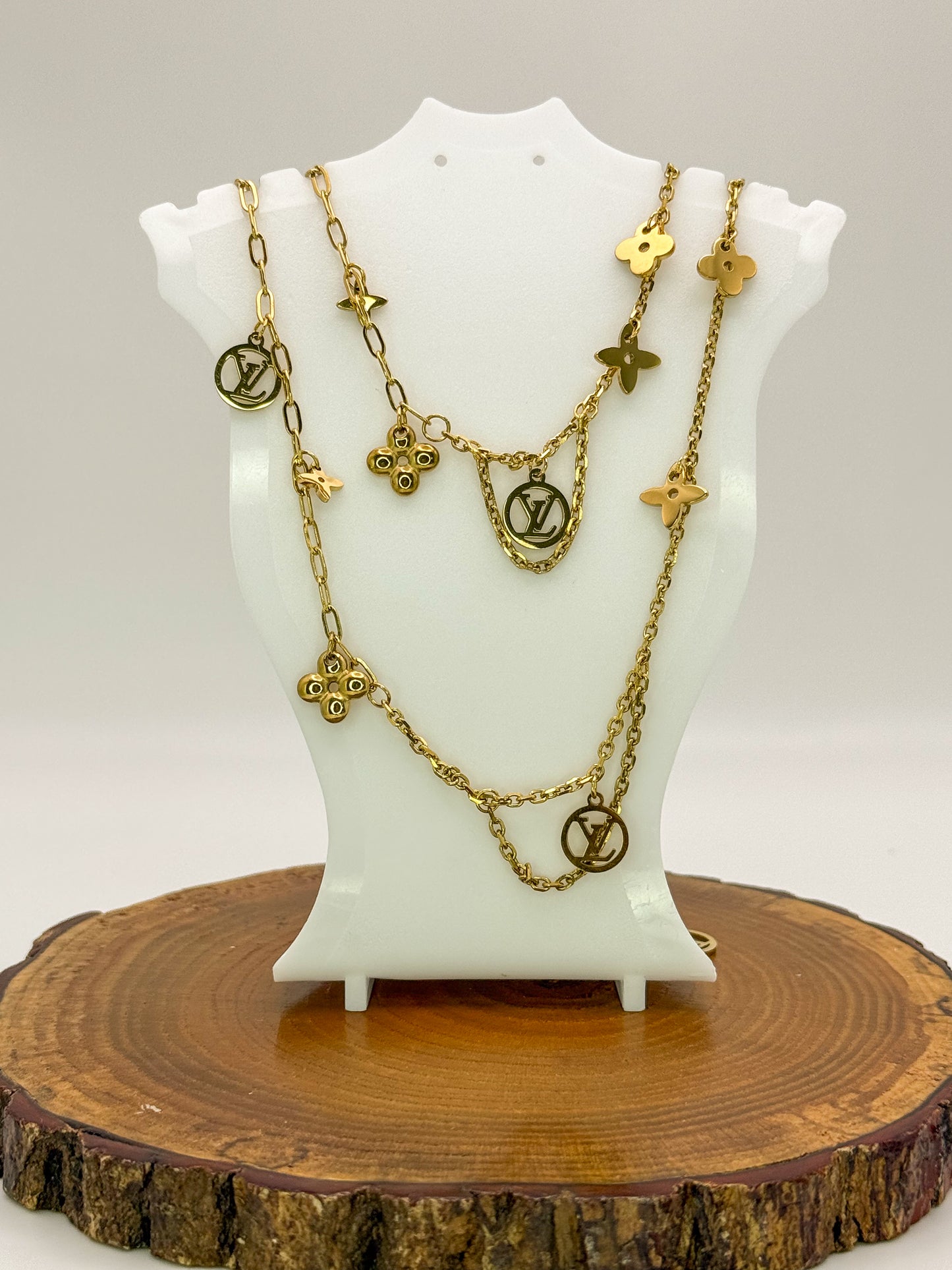 Matching LV Designer Logo Gold Stainless Steel Necklace & Bracelet Set