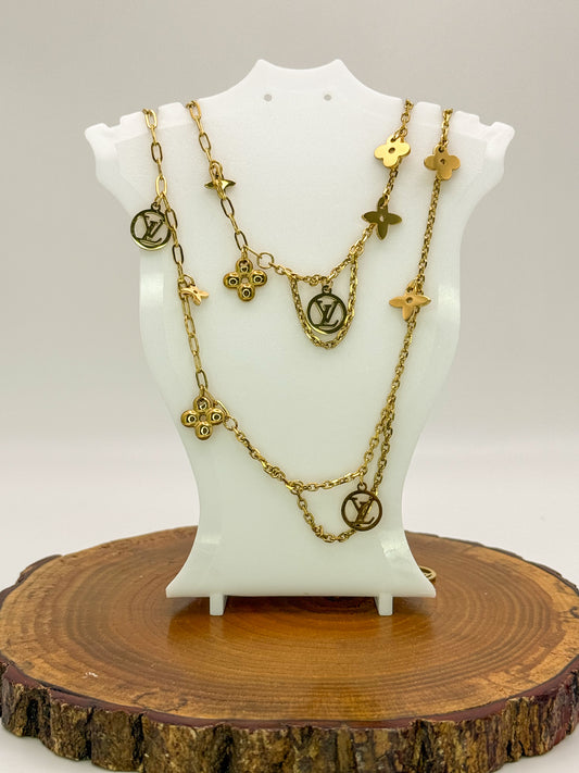 Matching LV Designer Logo Gold Stainless Steel Necklace & Bracelet Set