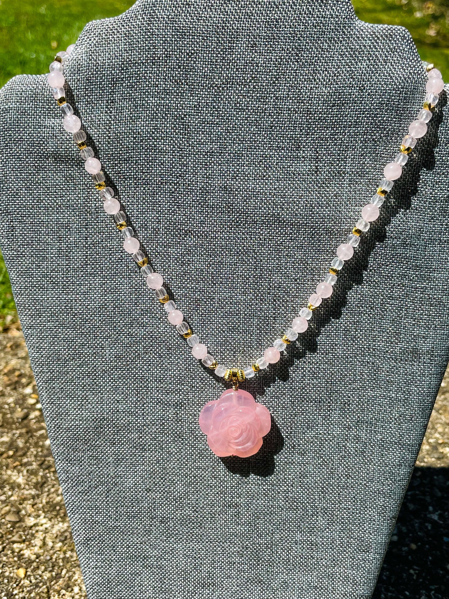 Natural Rose Quartz Rose Crystal Carving Beaded Adjustable Necklace