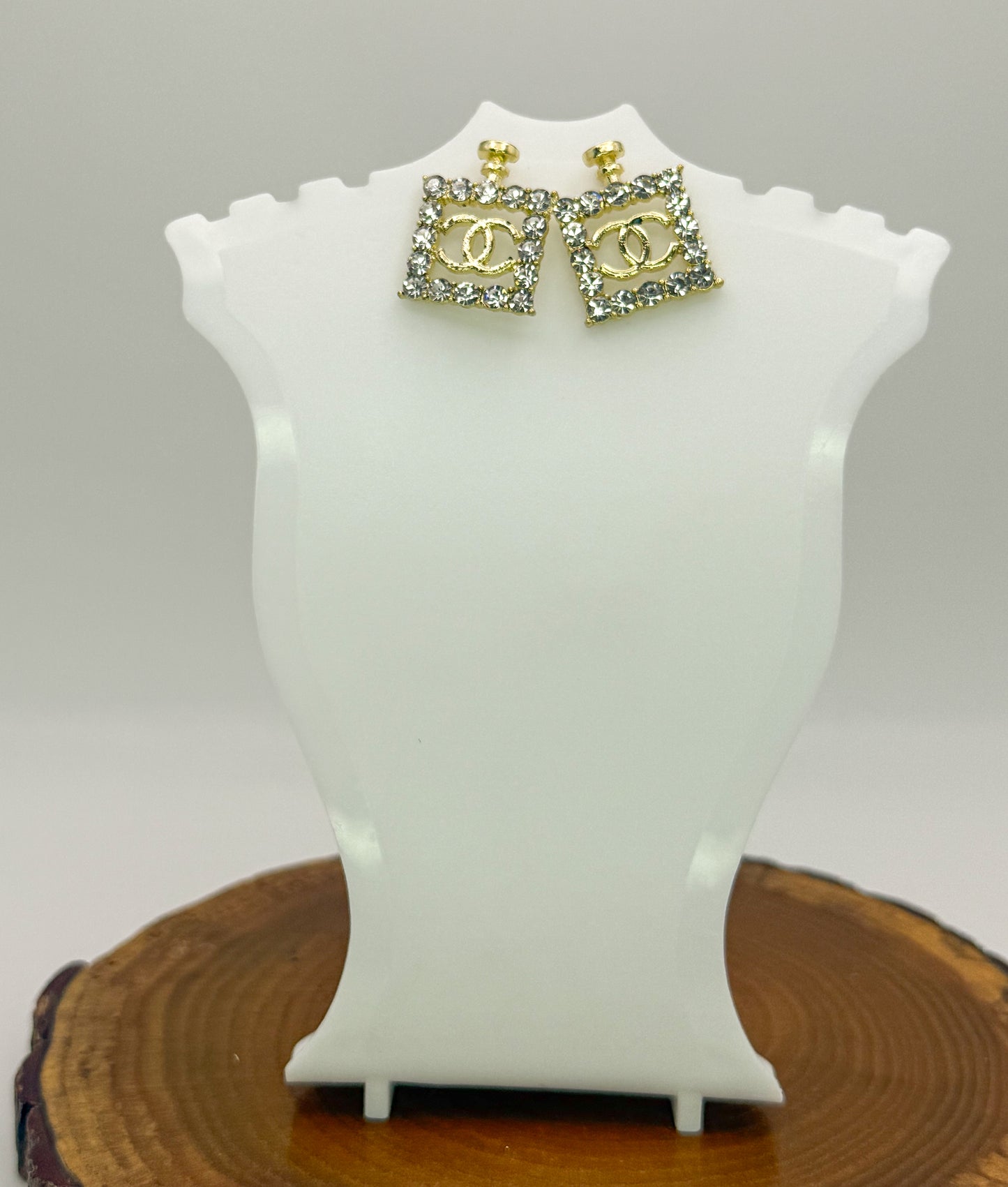Gold CC Designer Perfume Bottle Stud Earrings