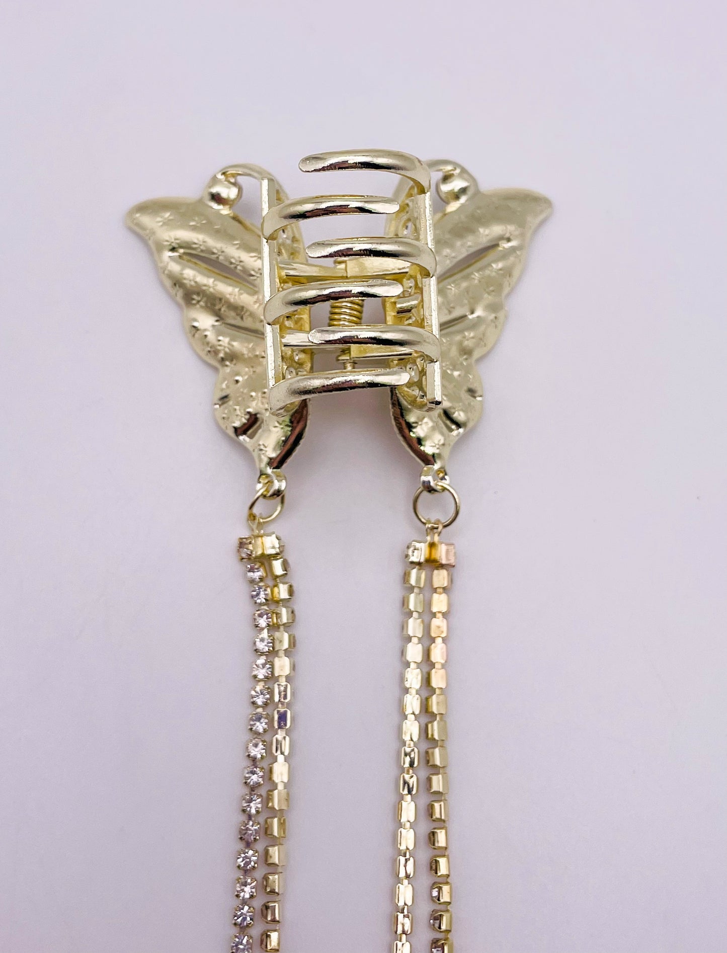 Small Gold Bling Butterfly Hair Clip with Dangling Bling Gold Chain
