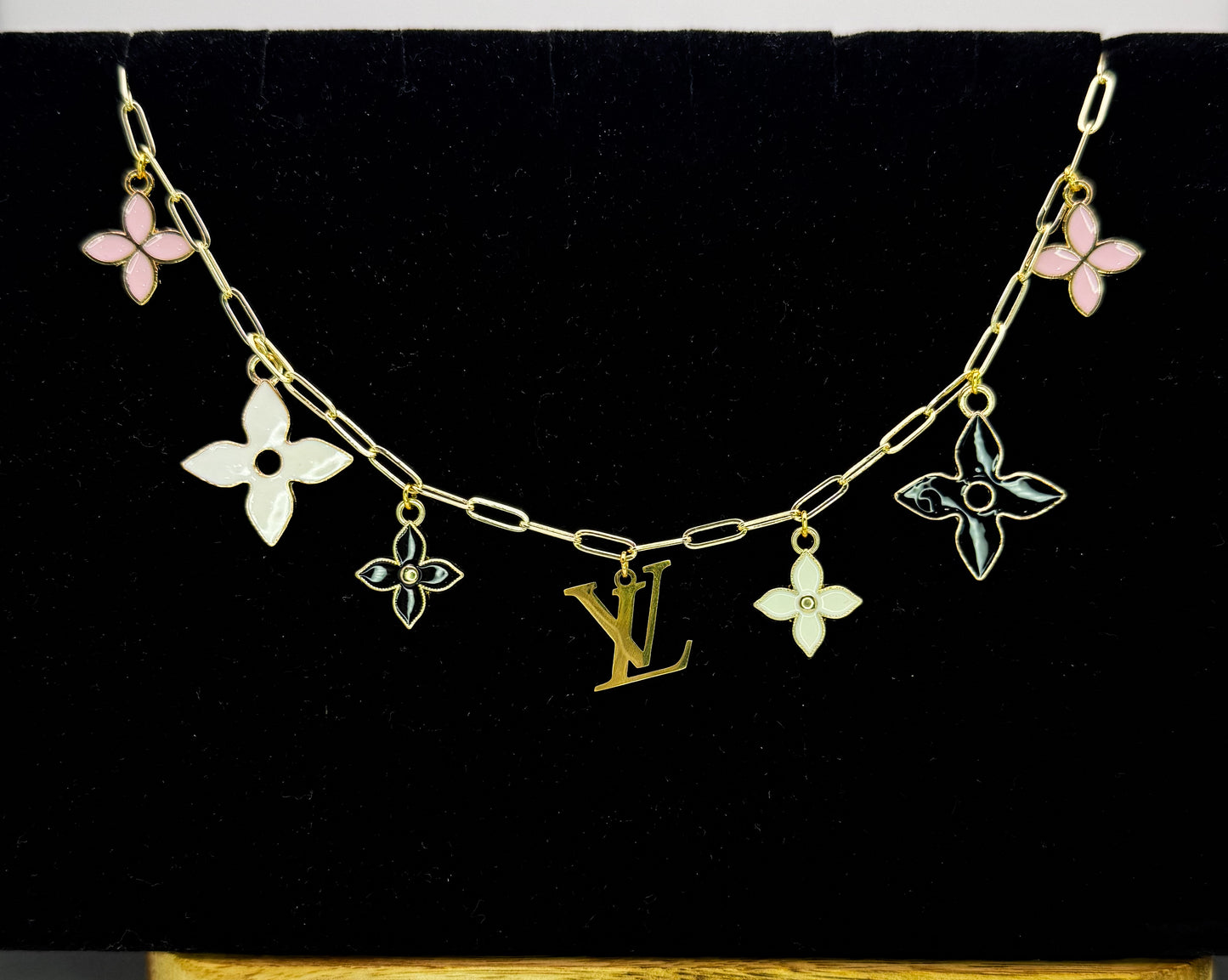 Gold LV Logo Charm Necklace