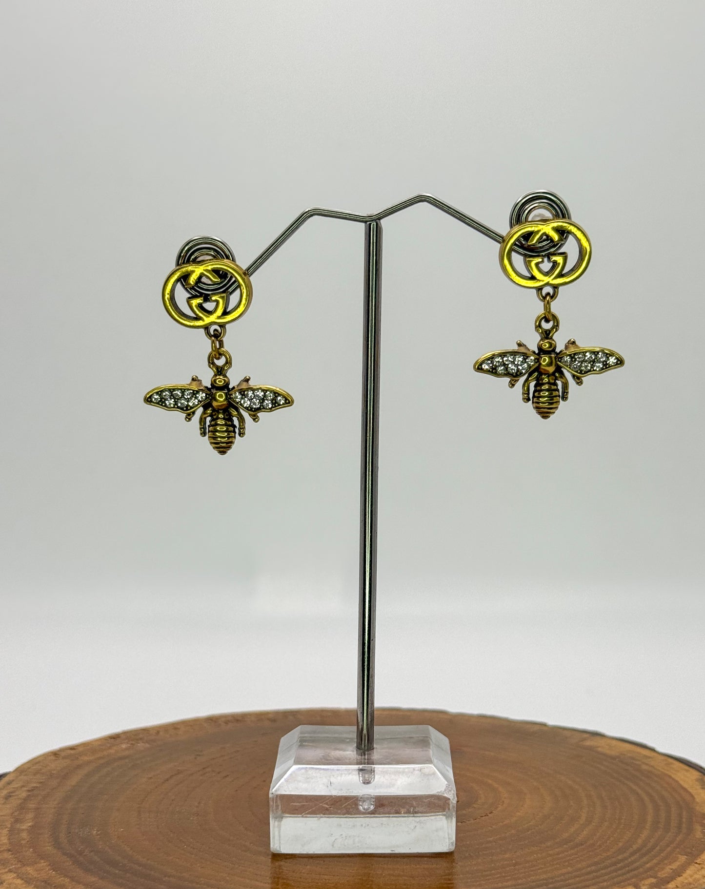 Antique Gold GG Designer Bumble Bee Stud Earrings
